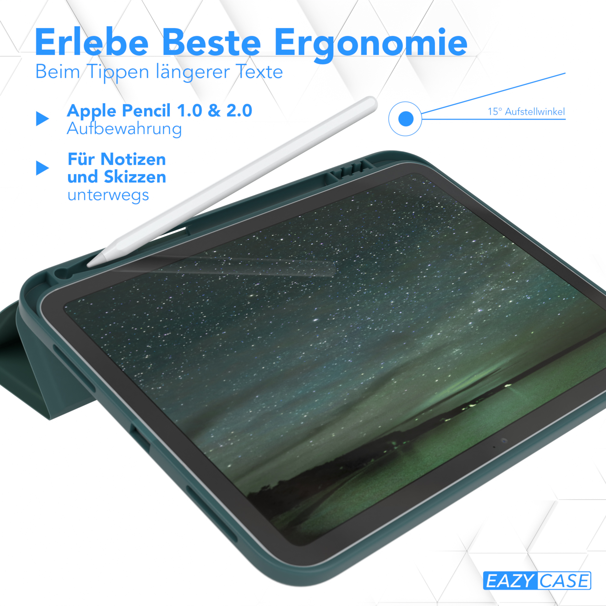 Ein Tablet mit Hülle, Stylus und Text über Ergonomie und den Apple Pencil.
