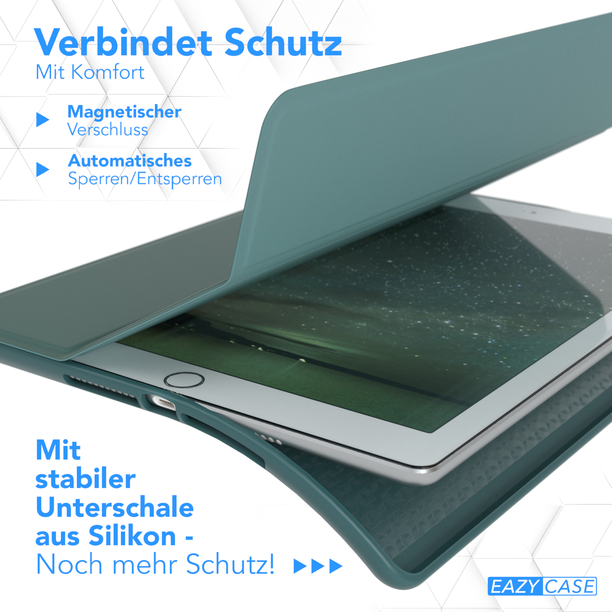 Tablet-Hülle offen, Tablet innen sichtbar. Türkis-grüne Hülle.