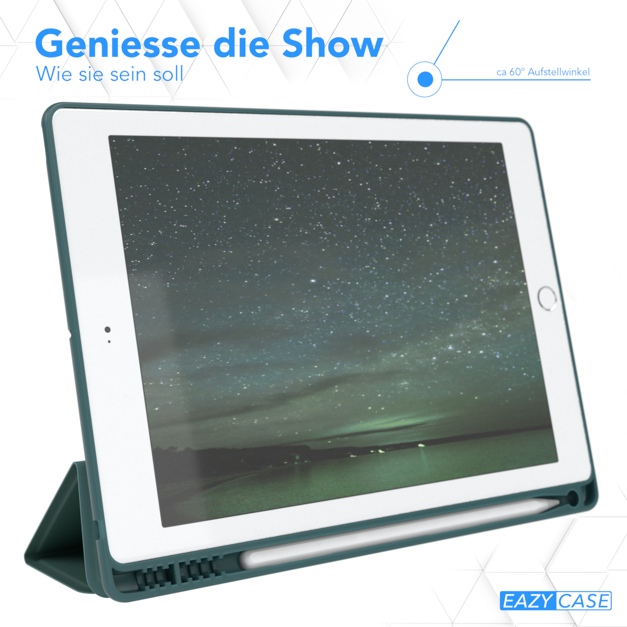 Tablet in einer grünen Hülle, zeigt eine Sternennachtszene auf dem Bildschirm, mit einem Stift, auf weißer Oberfläche.