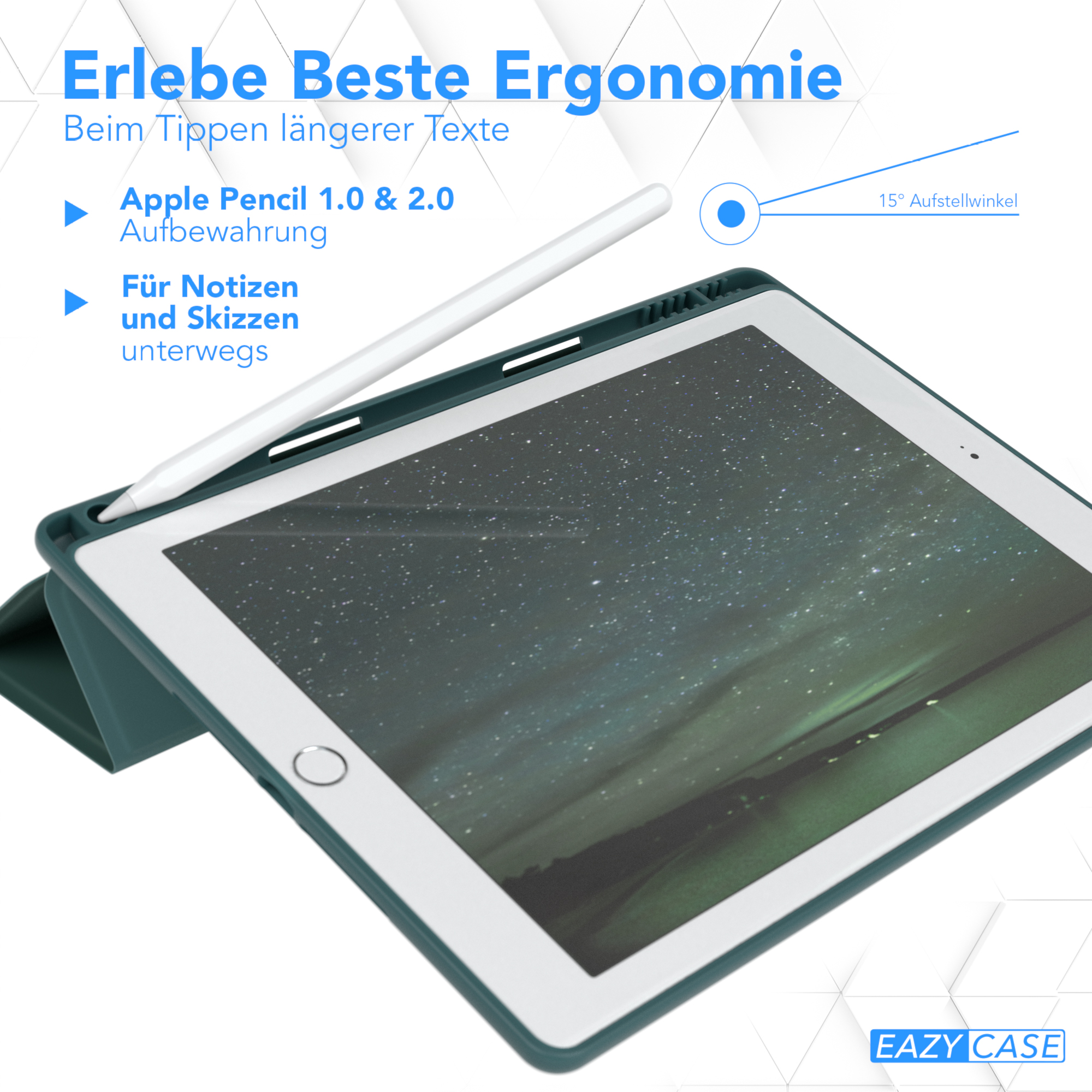 5. Apple Bookcover Tablethülle Smartcase Nachtgrün EAZY / CASE /2018 mit Stifthalter / Grün 2017 Generation für Kunstleder, iPad 6.