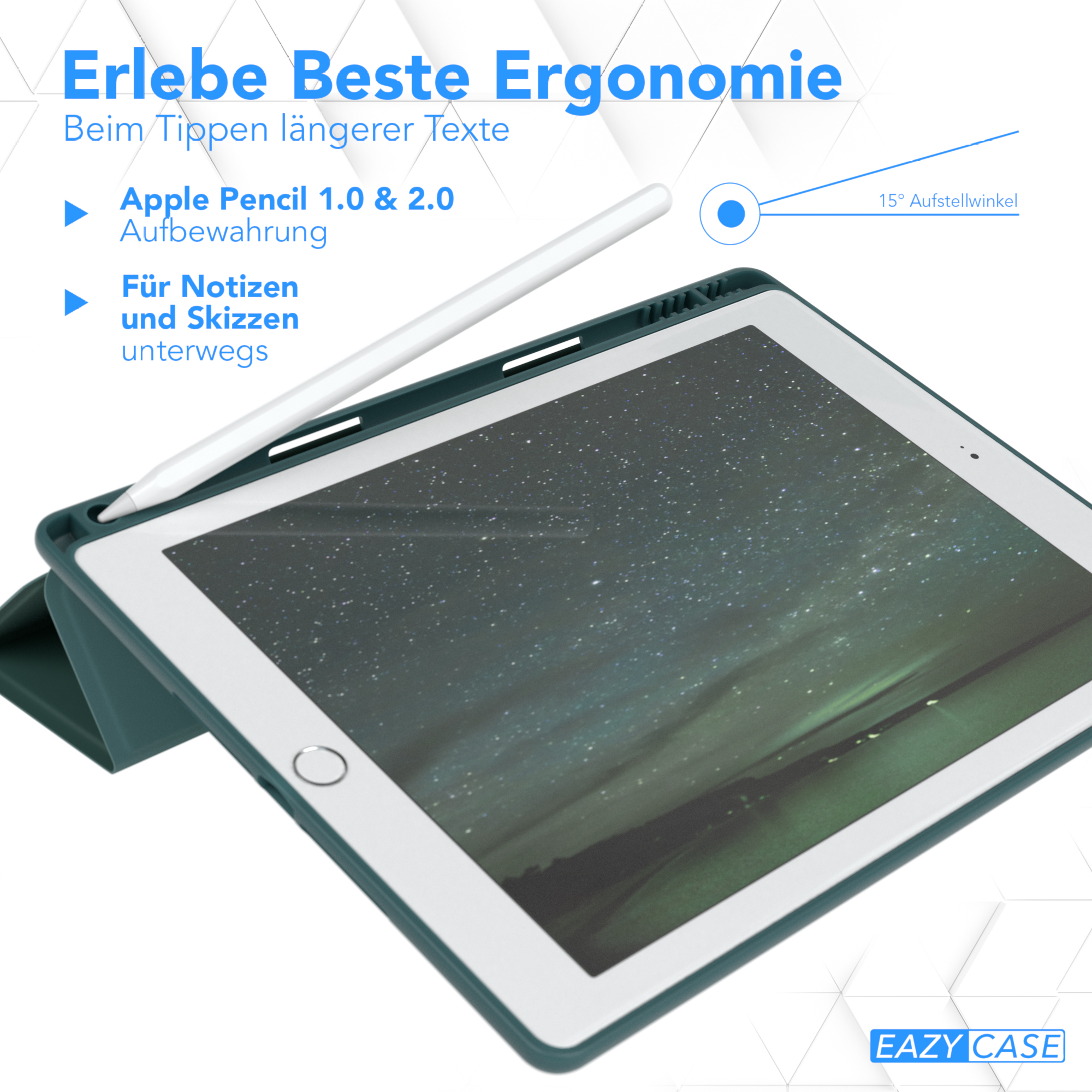 Tablet mit Stift, Text-Overlay und tealfarbenem Case mit angewinkeltem Ständer.