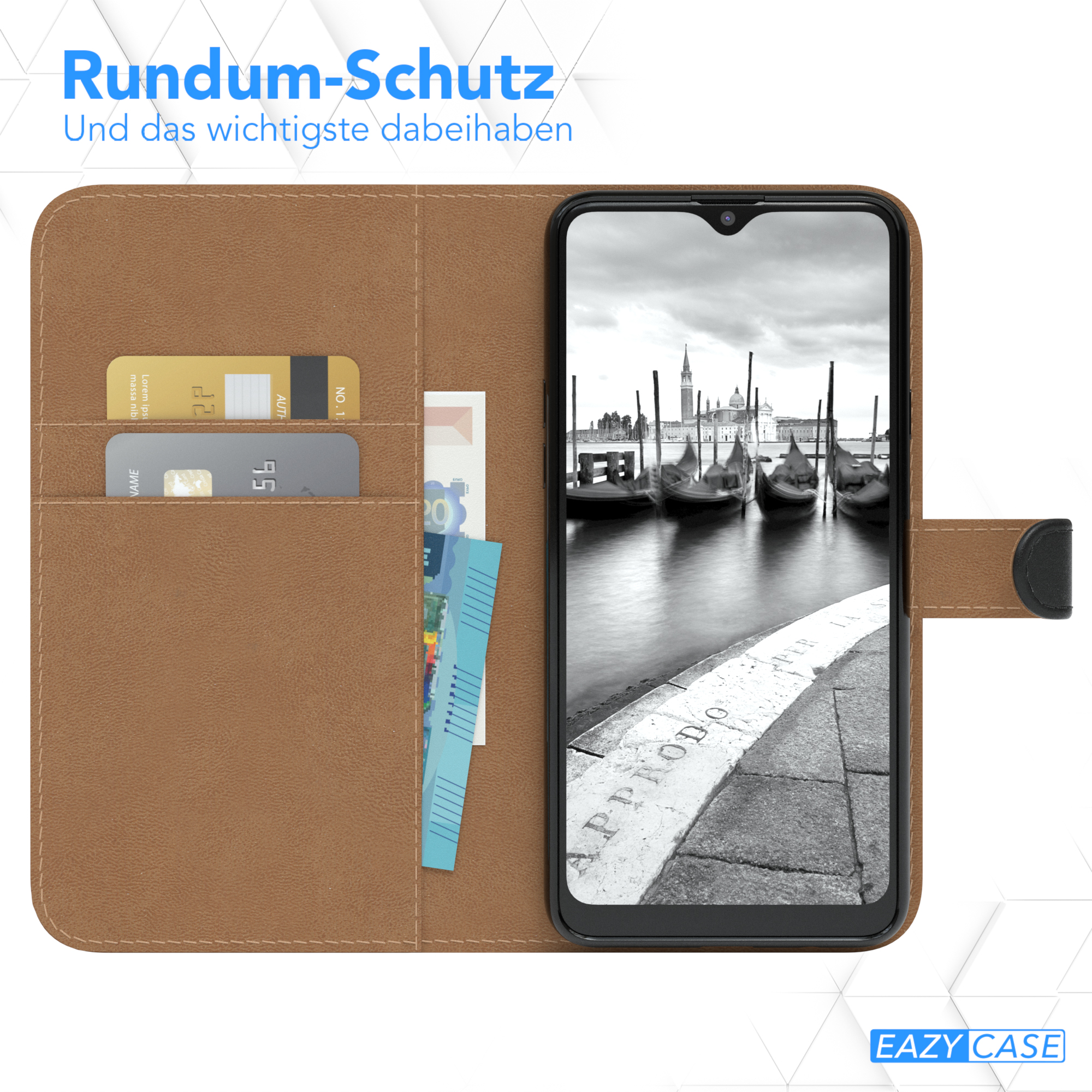 Braune Handyhülle offen, mit Karten und Geld darin. Der Bildschirm zeigt Gondeln.