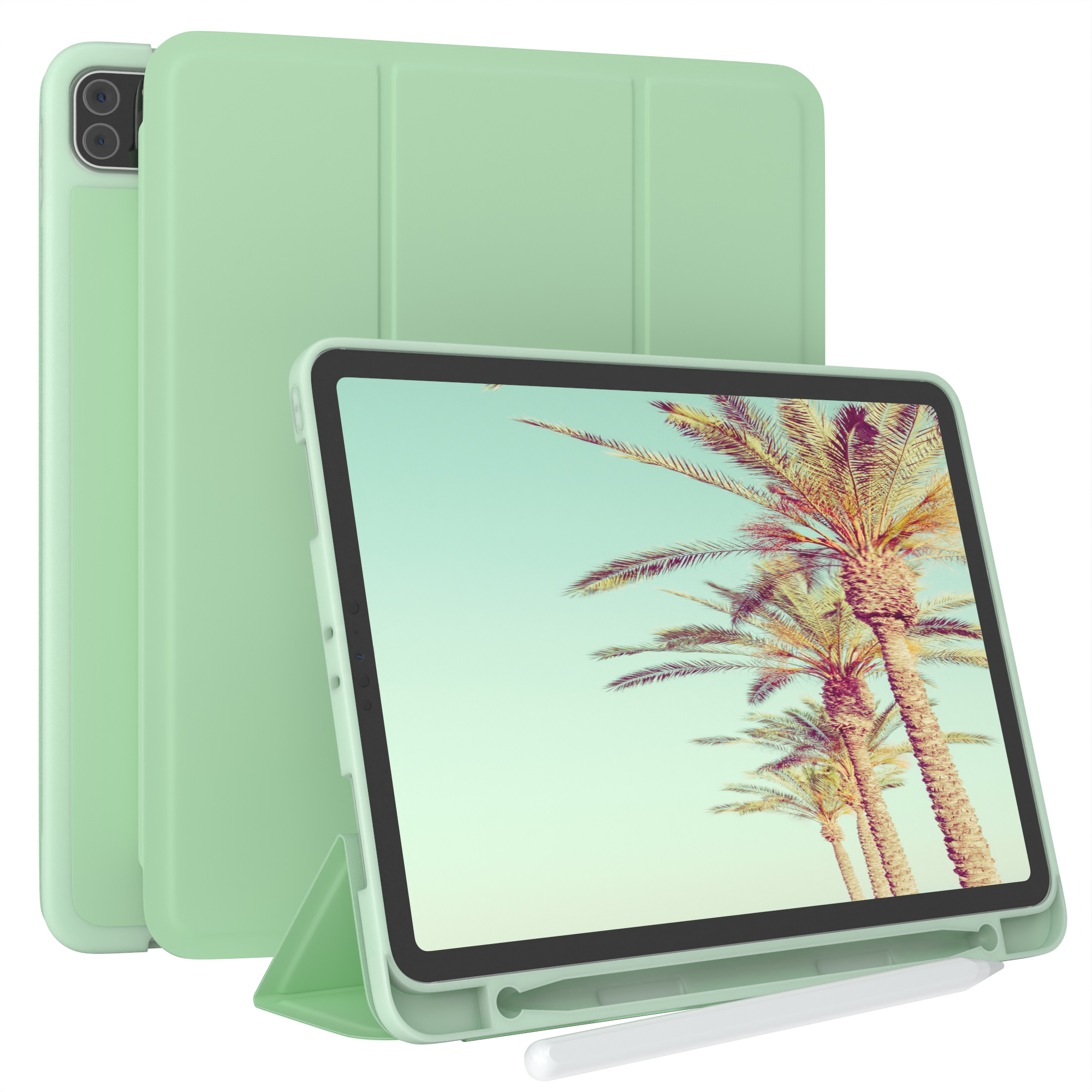 Grüne Tablethülle mit einem Tablet darin, mit Palmen auf dem Bildschirm. Weißer Hintergrund.
