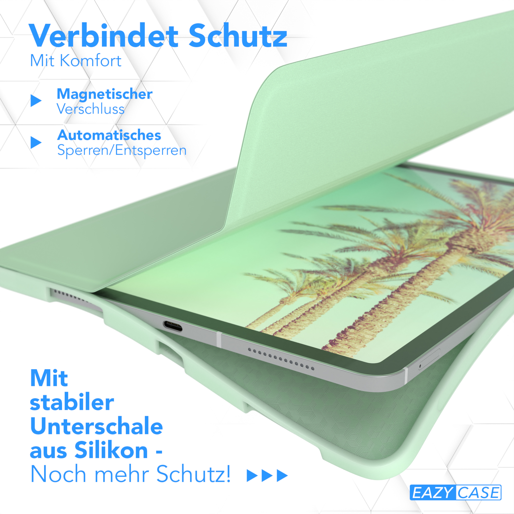 Tablet-Hülle mit Magnetverschluss. Text: Magnetverschluss, Automatisches Ver- und Entriegeln, Silikon-Unterschale.
