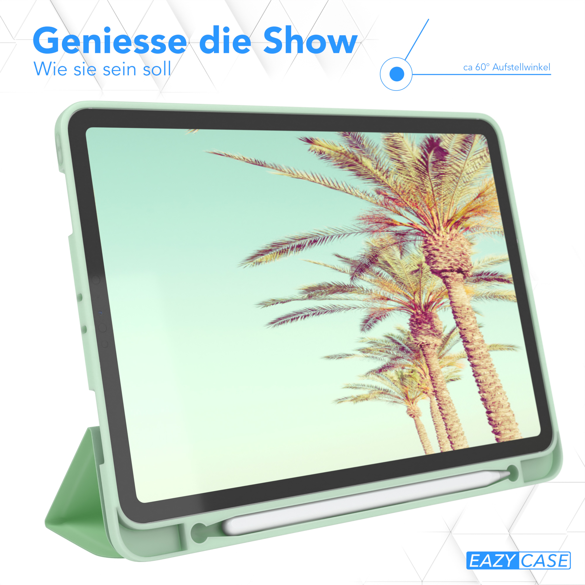 Tablet in grünem Case mit Palmen auf dem Bildschirm.