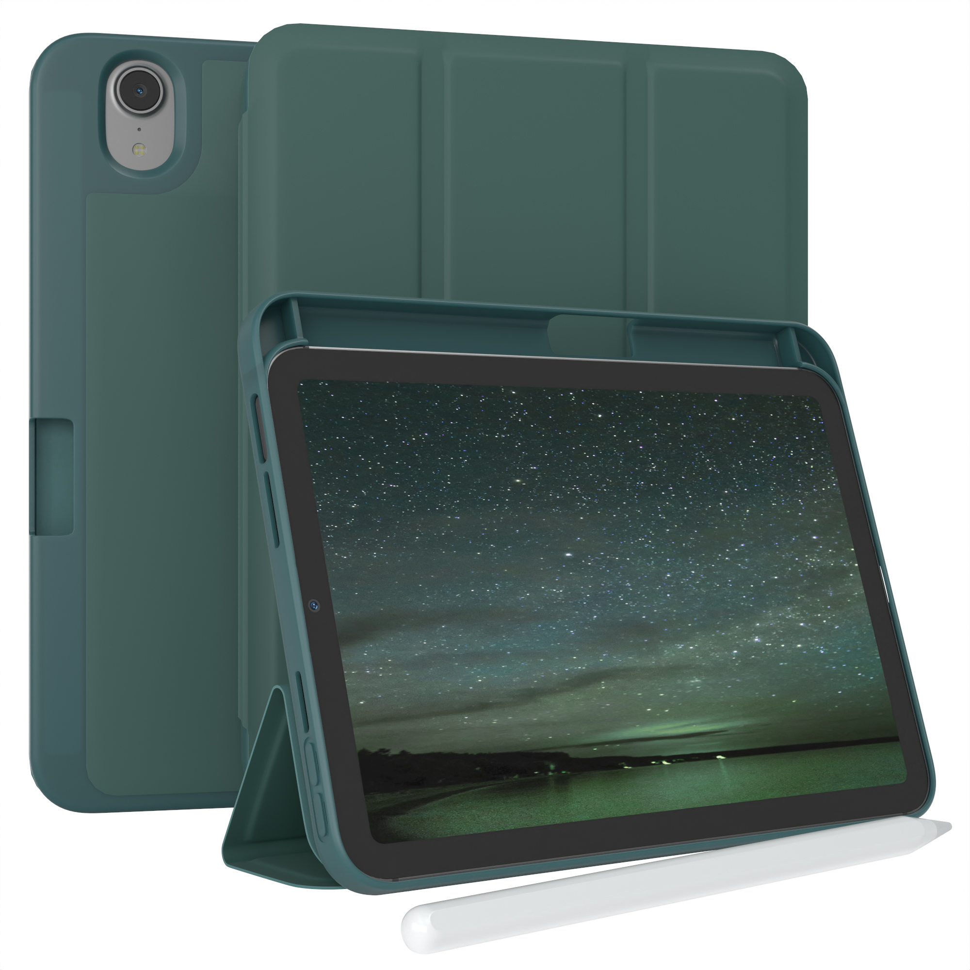 Grüne Tablethülle mit Tablet darin. Weißer Eingabestift. Sterne auf dem Bildschirm.