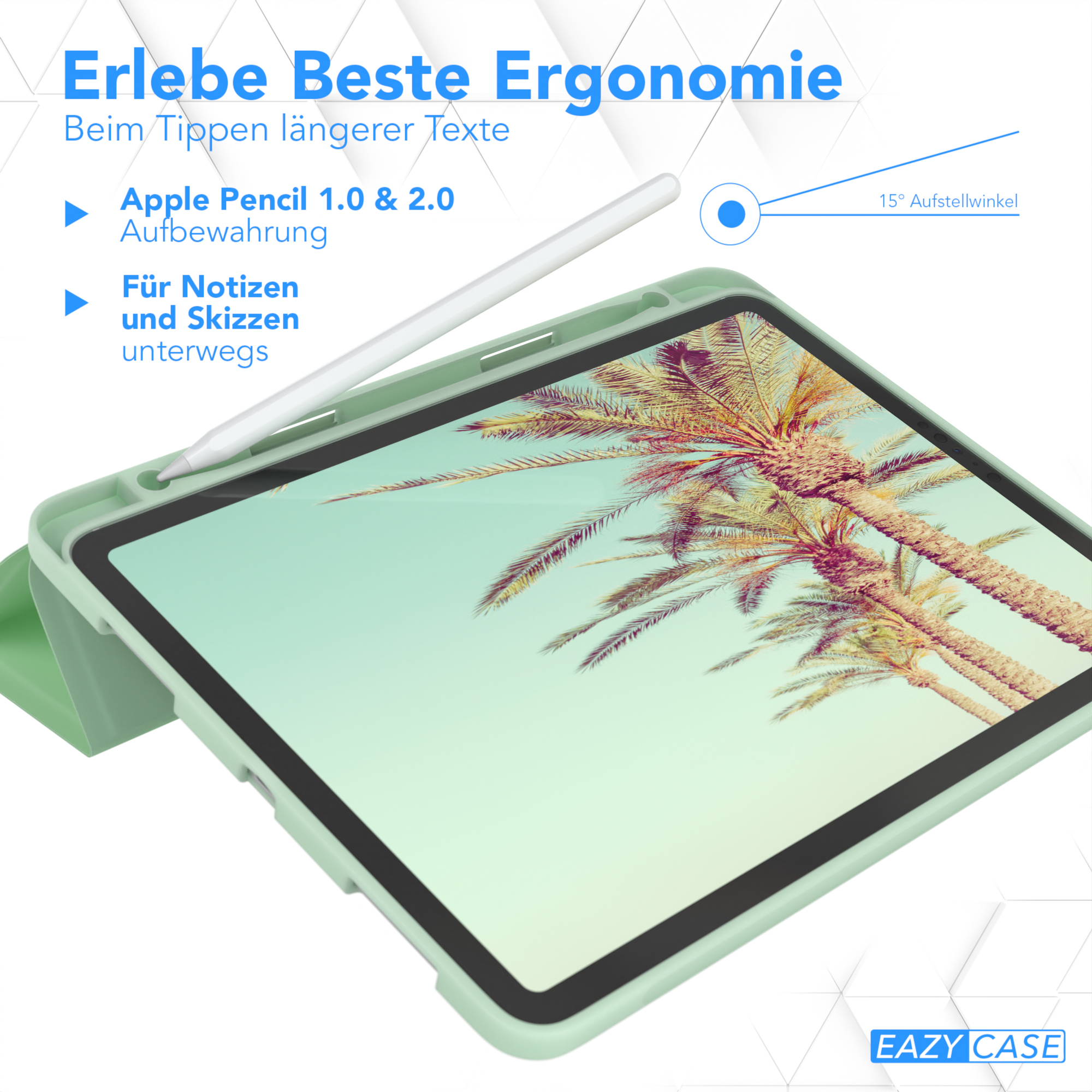 Ein Tablet mit Stift und einem Palmenbild auf dem Bildschirm.