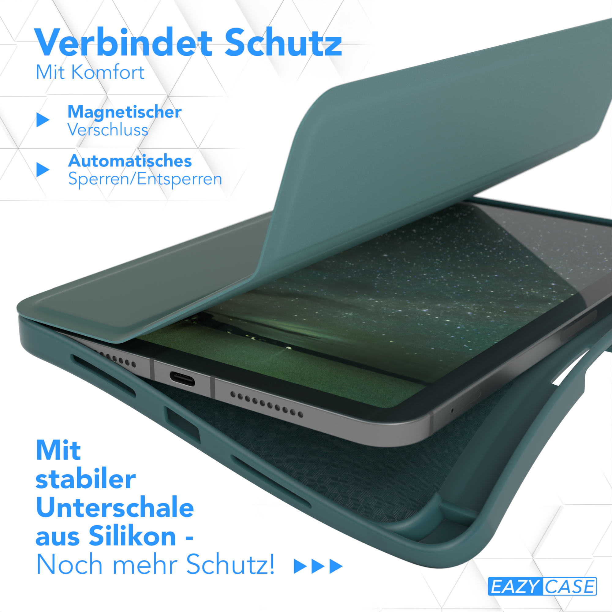 Eine iPad-Hülle, mit geöffnetem oberem Deckel. Die Hülle ist blau mit Silikonbasis und Magnetverschluss.