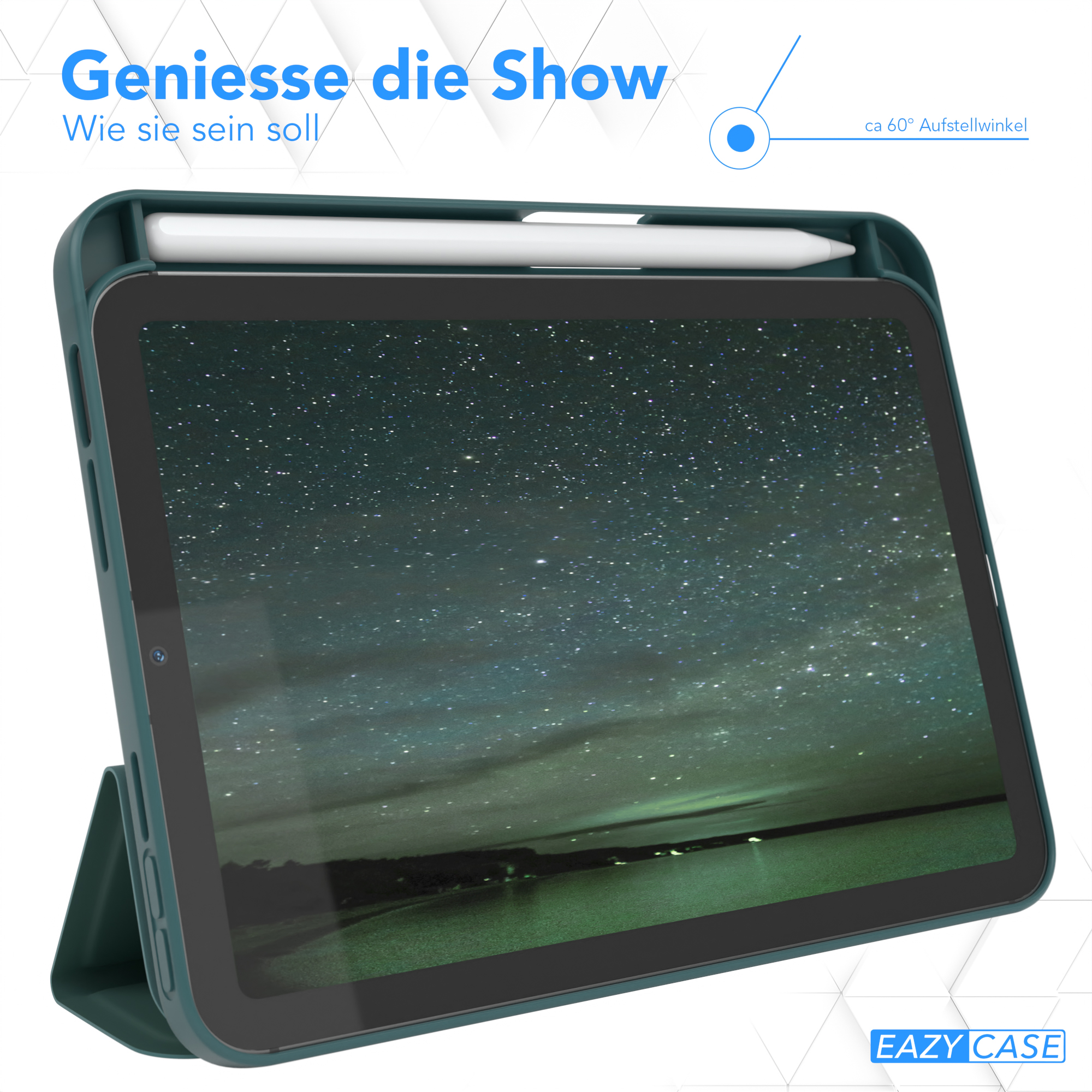 Tablet mit grüner Hülle und Stift, mit sternenklarem Hintergrund.