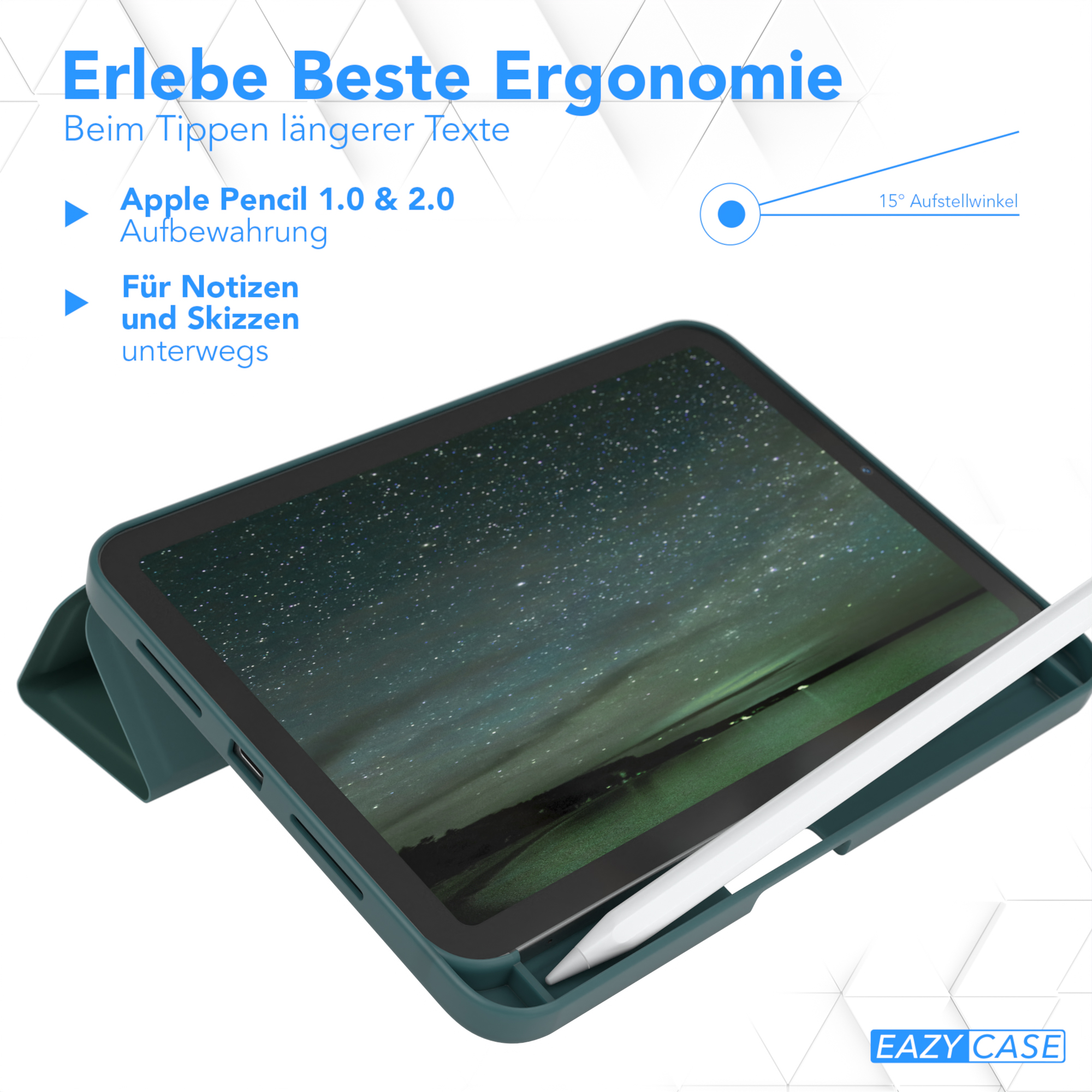 Ein Tablet mit Stift in einer Hülle, das ergonomisches Design und Unterstützung für das Schreiben zeigt.