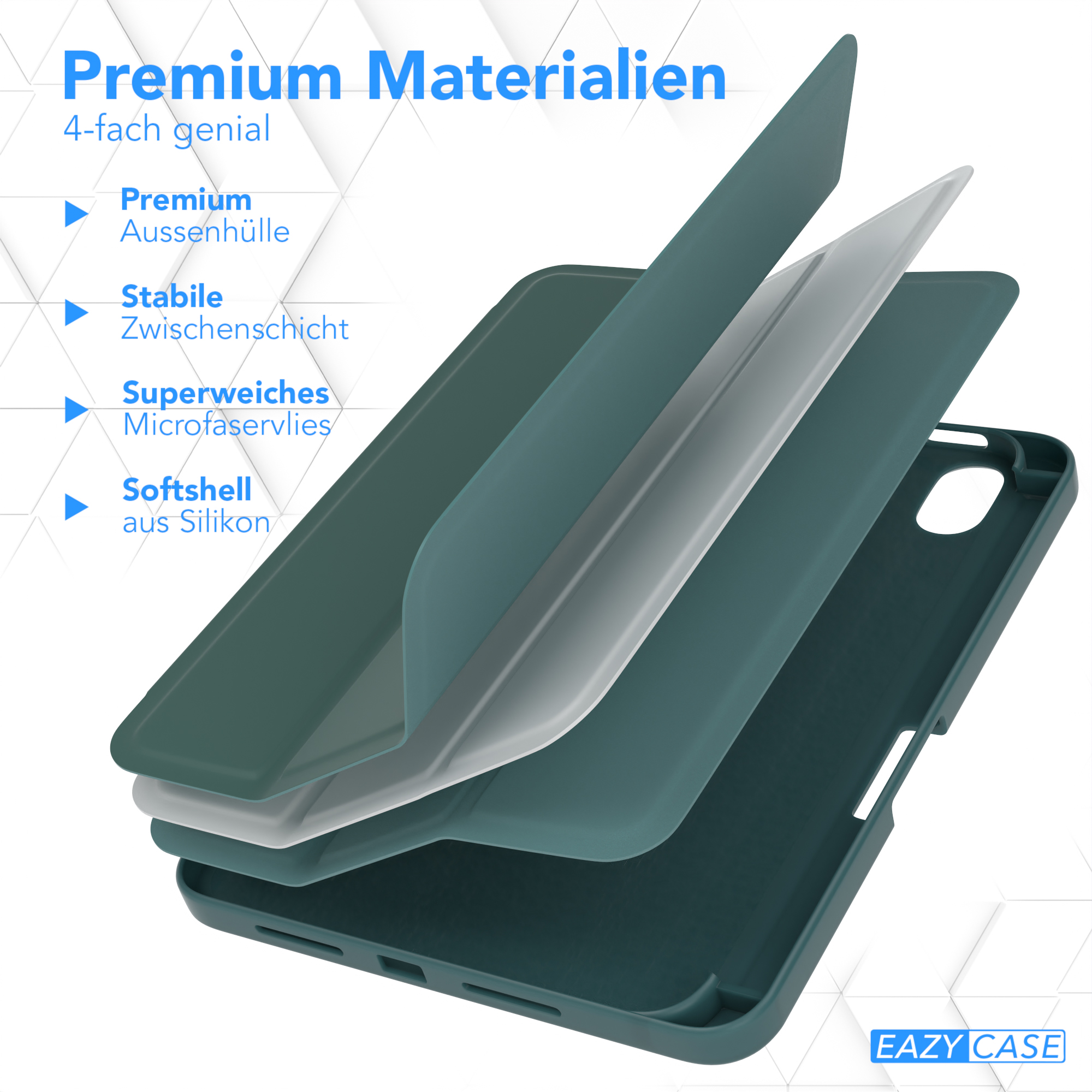 Handyhüllen-Schichten: Premium-Außenhülle, stabile Zwischenschicht, superweiche Mikrofaser und Softshell-Silikon.