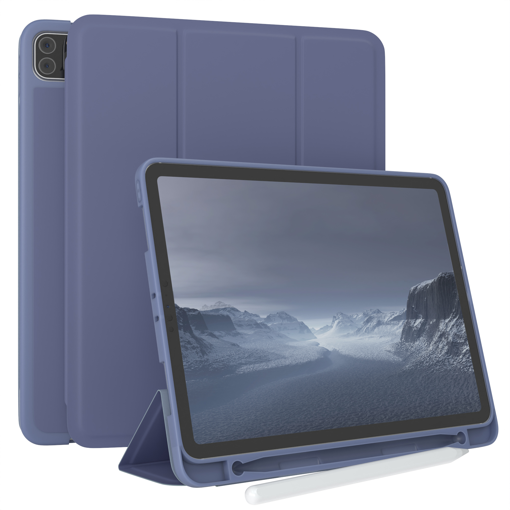 Blaue Tablethülle mit Tablet, das eine Berglandschaft zeigt. Weißer Hintergrund.
