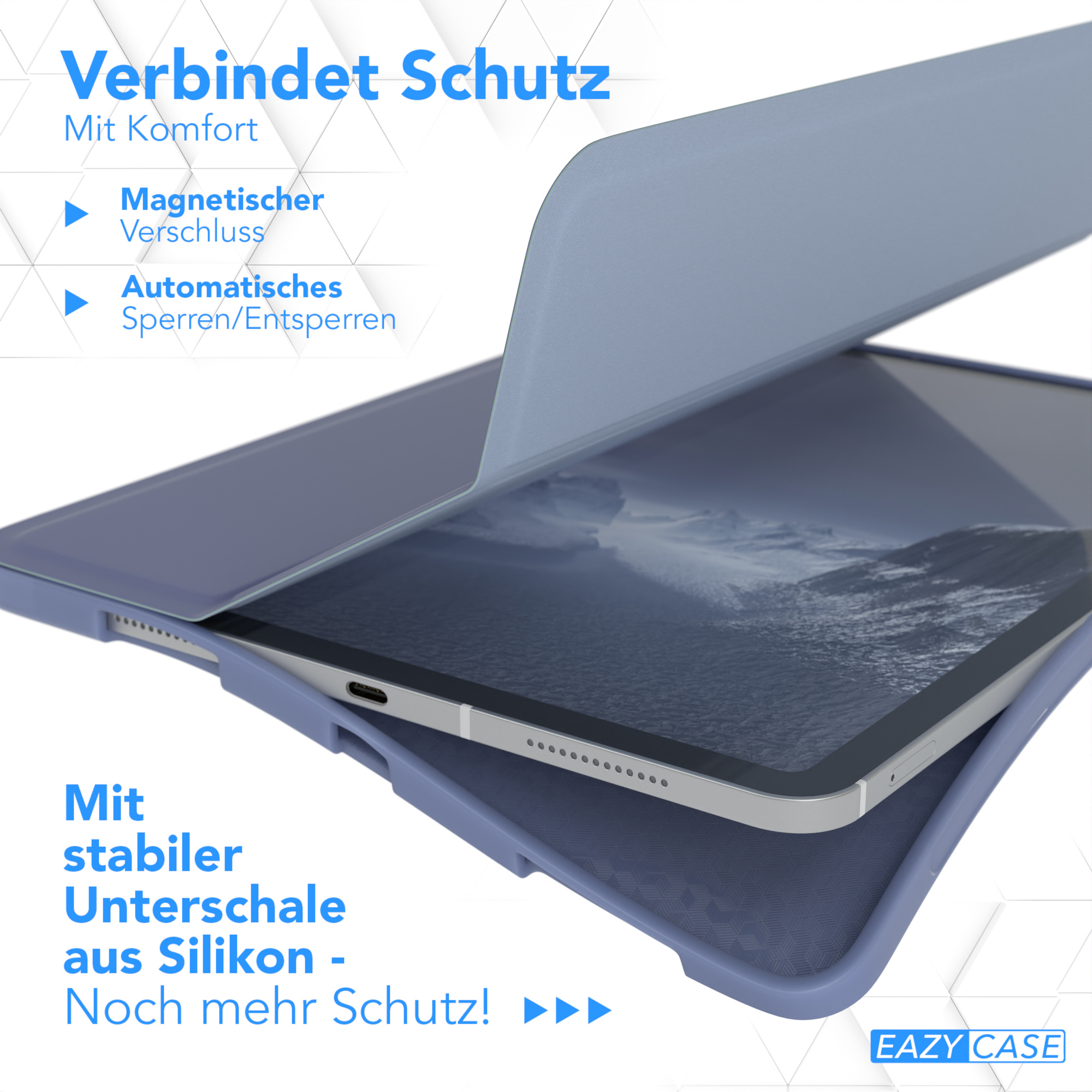 Ein Tablet in einer blauen Hülle, geöffnet, das Innendesign zeigend.