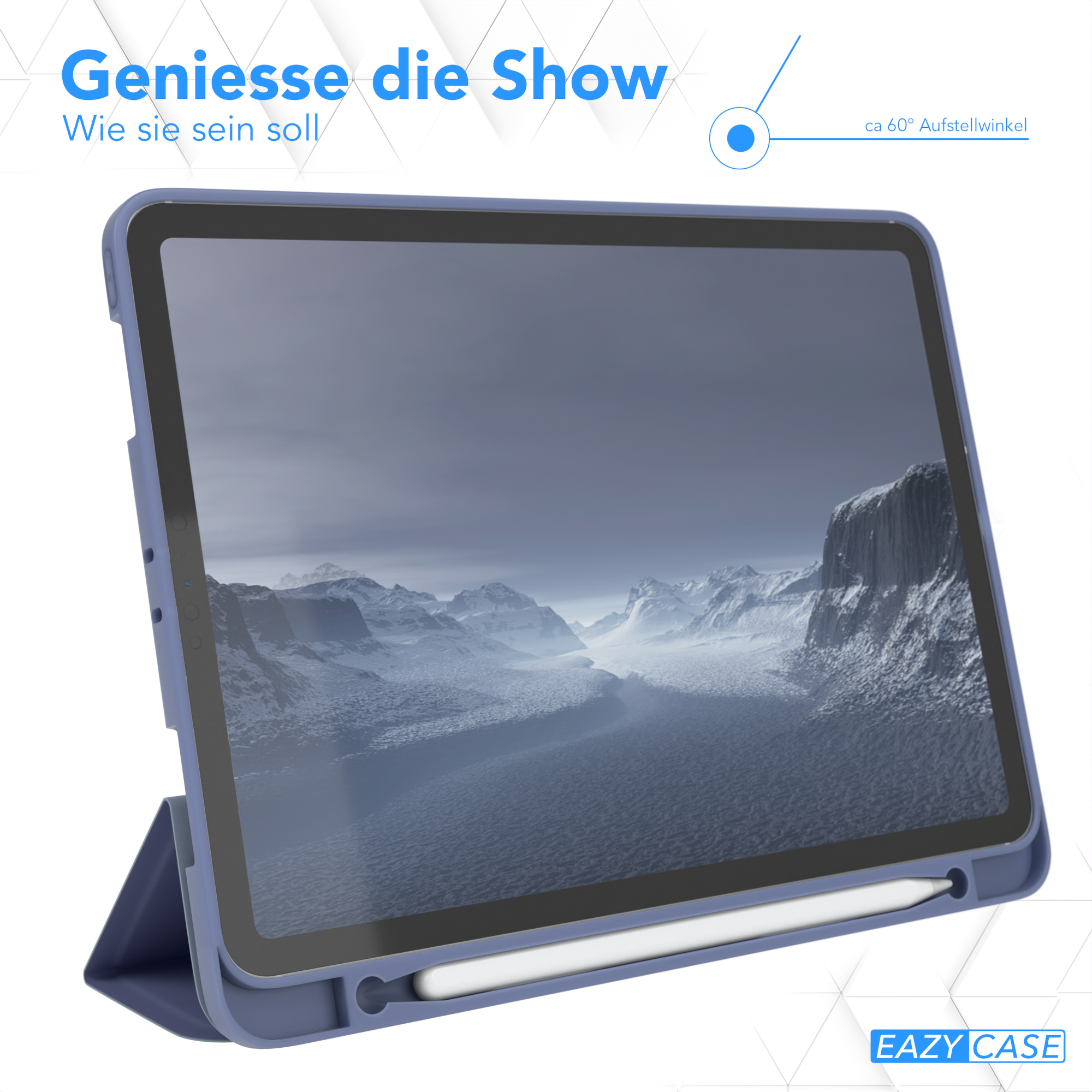 Tablet in blauem Case, Berglandschaft. Stift rechts.