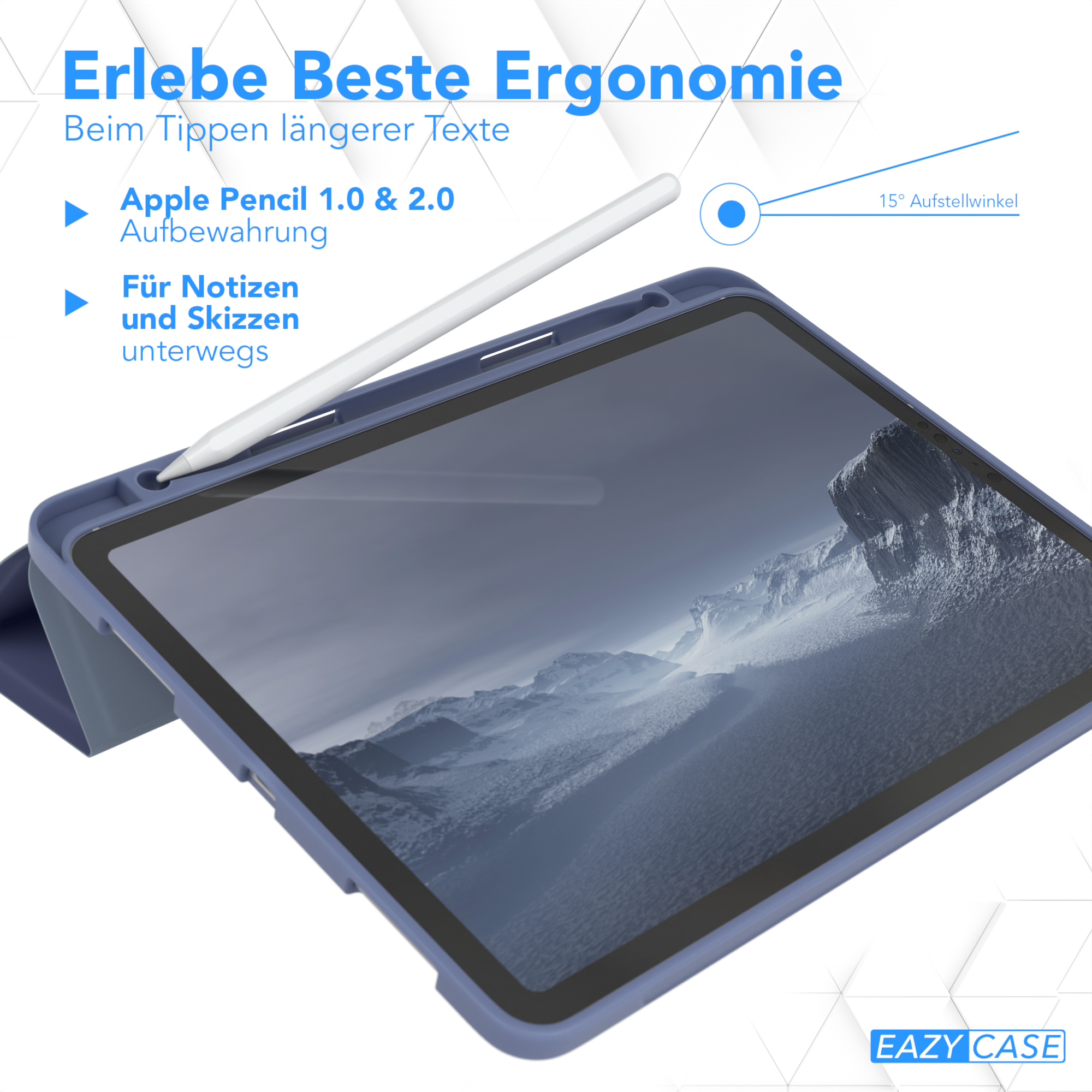 Tablet mit Stift. Text oben. Blaue Hülle mit Berg-Bild.