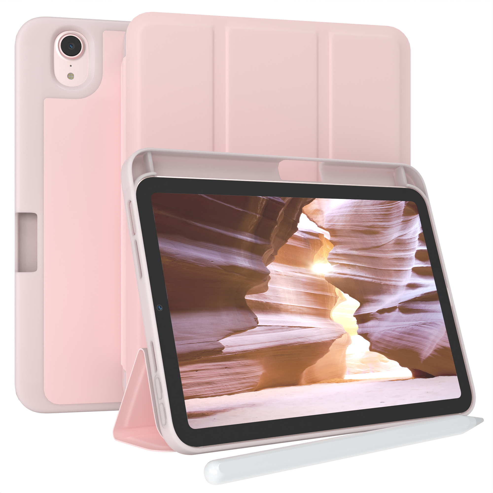 Rosa Tablet und Hülle mit Canyon-Szene auf dem Bildschirm.