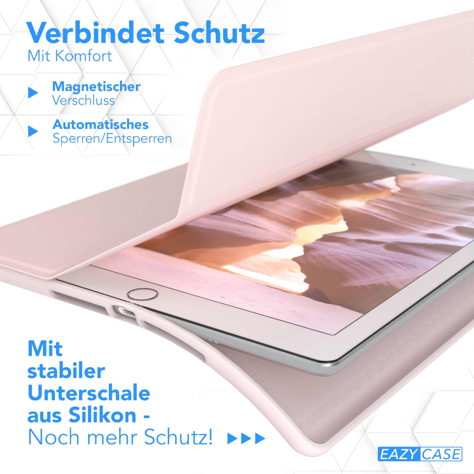 Geöffnete rosa Tablet-Hülle, die ein Tablet zeigt. Text: Magnetverschluss, Automatisches Sperren. Silikonhülle.