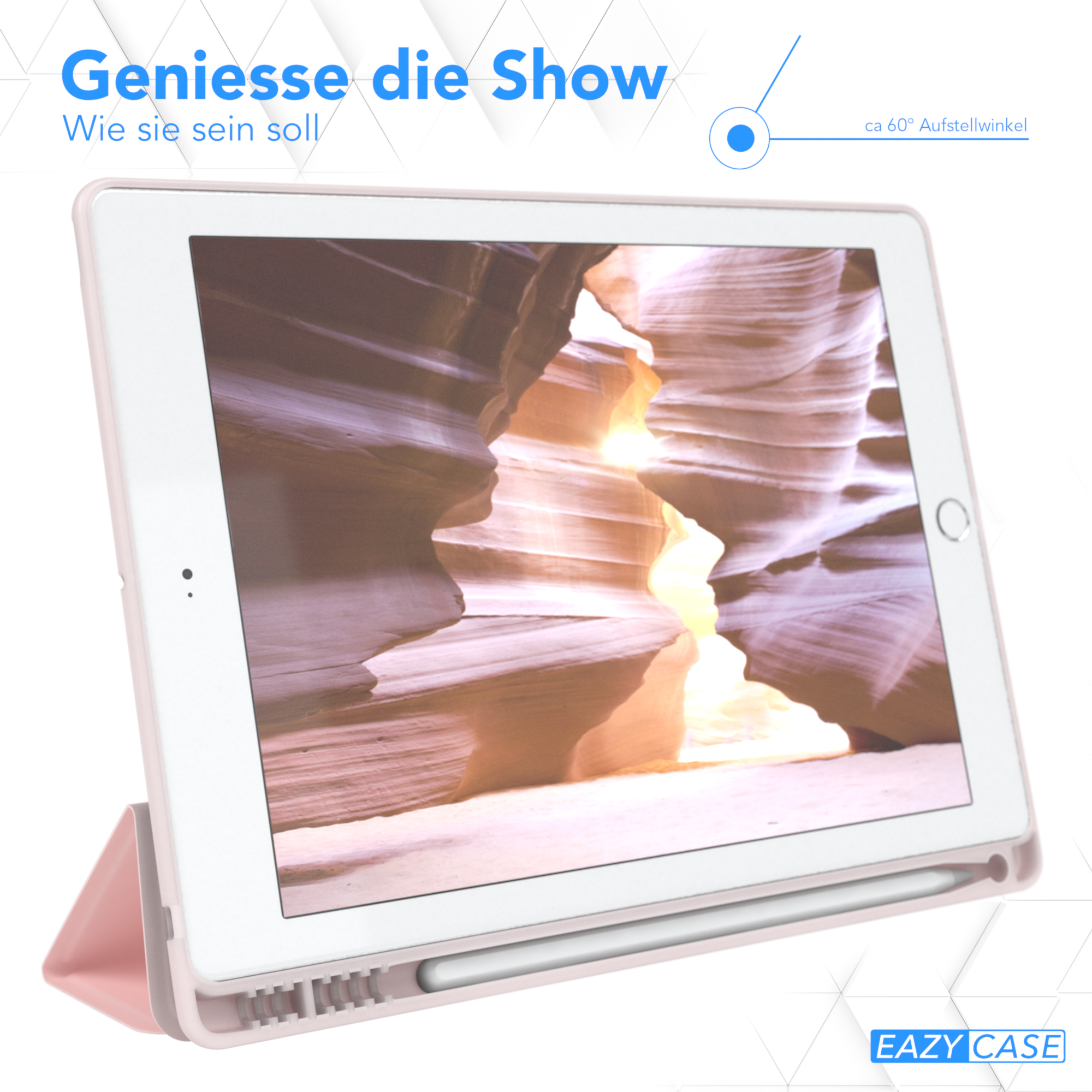 Tablet in einer Hülle mit Ständer. Text: Genieße die Show, ca. 60° Winkel.