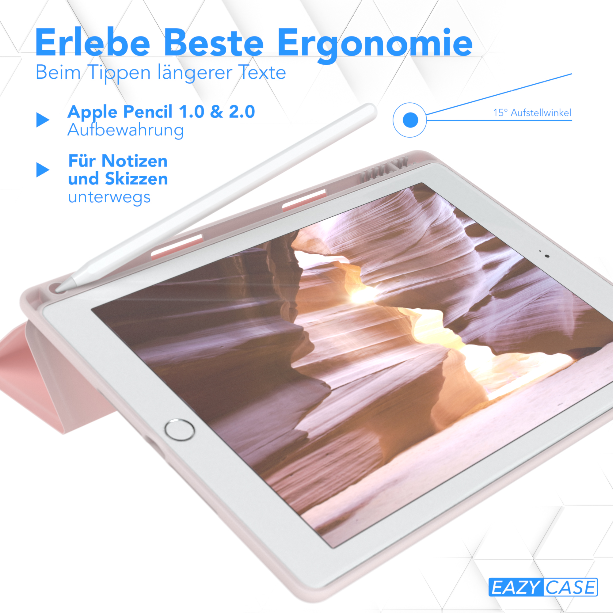 Tablet mit Stift. Text beschreibt Apple Pencil Kompatibilität und Aufbewahrung. Rosa Hülle und Hintergrund.