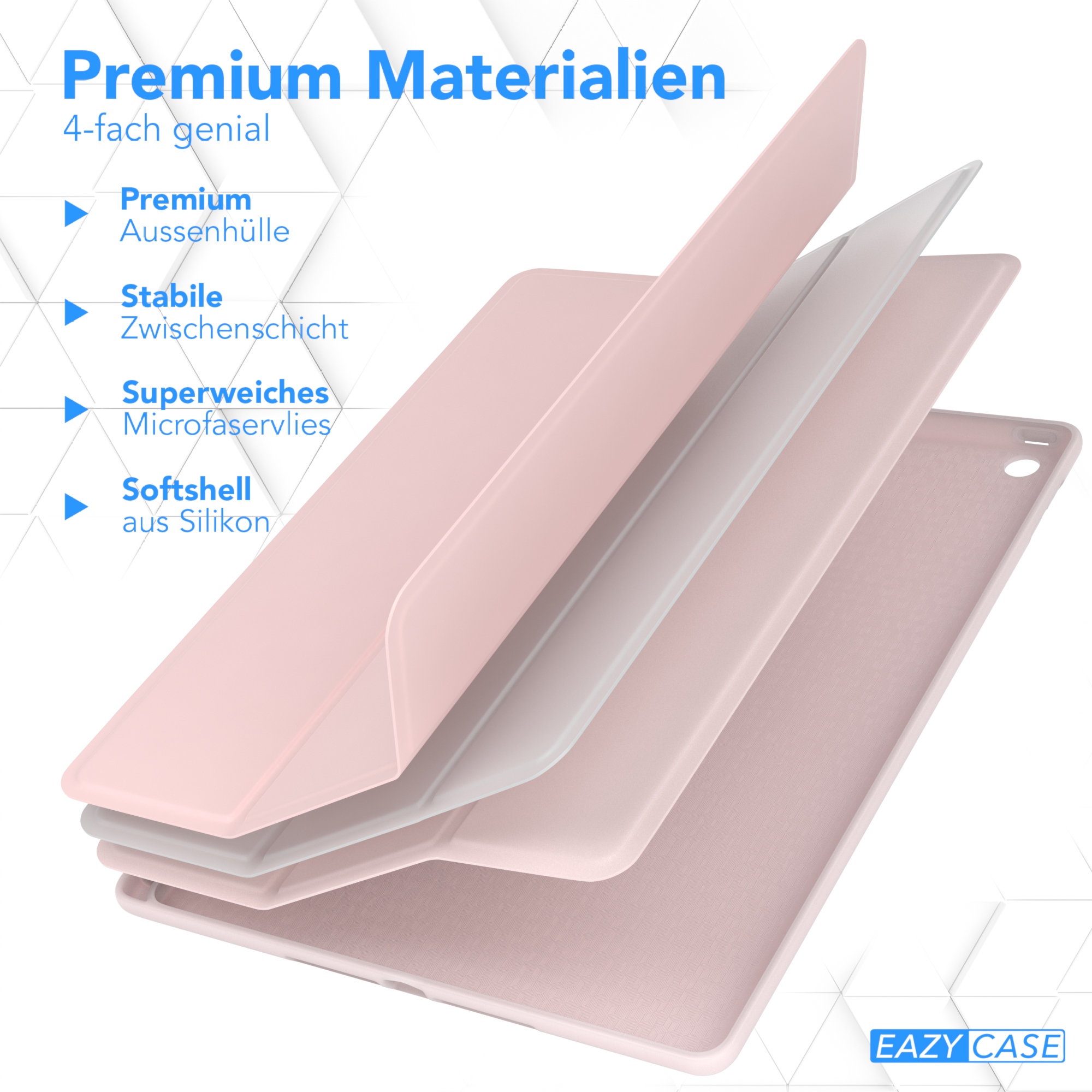 Mehrschichtige Handyhülle mit rosa und grauen Schichten. Text beschreibt die Materialien.
