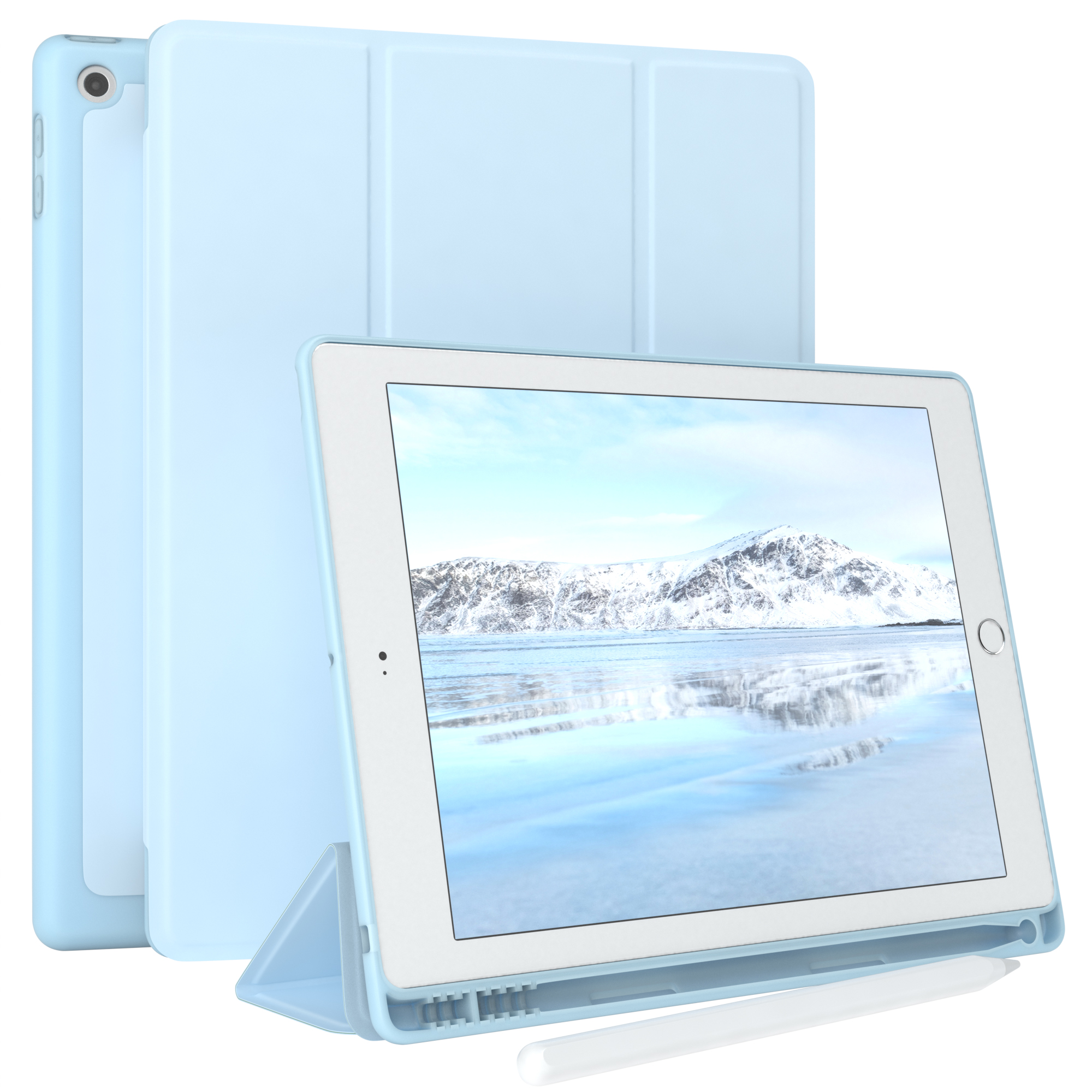 Blaue Tablet-Hülle mit Tablet. Weißer Hintergrund.