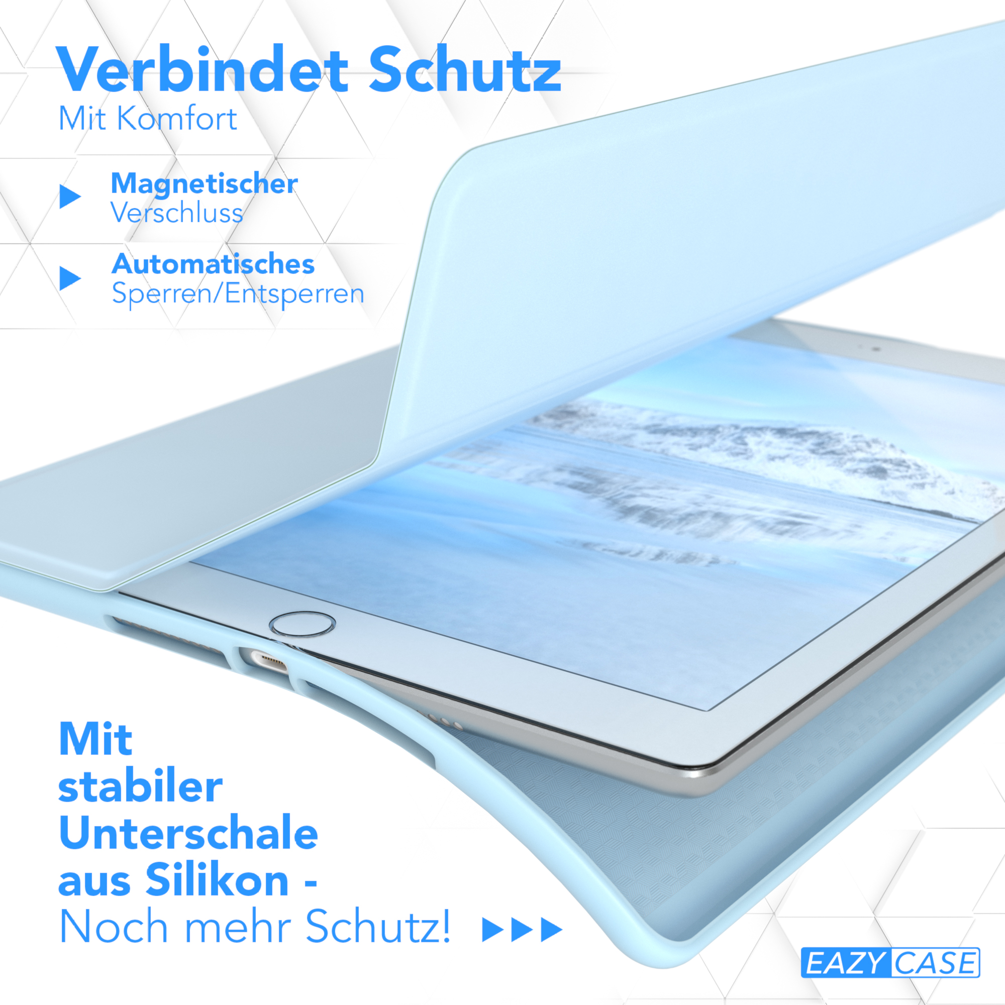 Tablet in hellblauer Hülle, offen. Zeigt den Bildschirm und die Eigenschaften der Hülle.