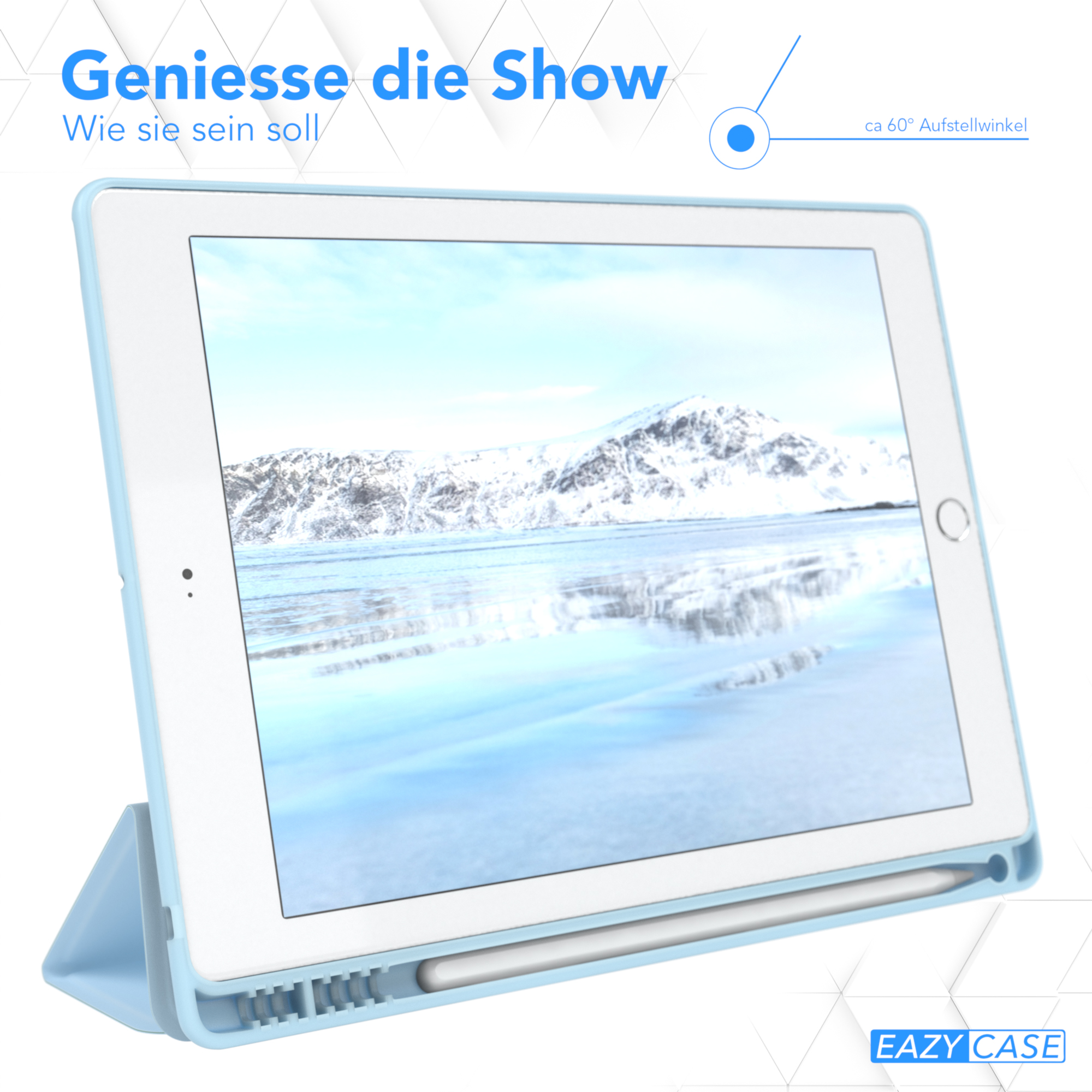Ein Tablet in einer blauen Hülle ist geöffnet. Der Bildschirm zeigt eine blaue Wasserszene.