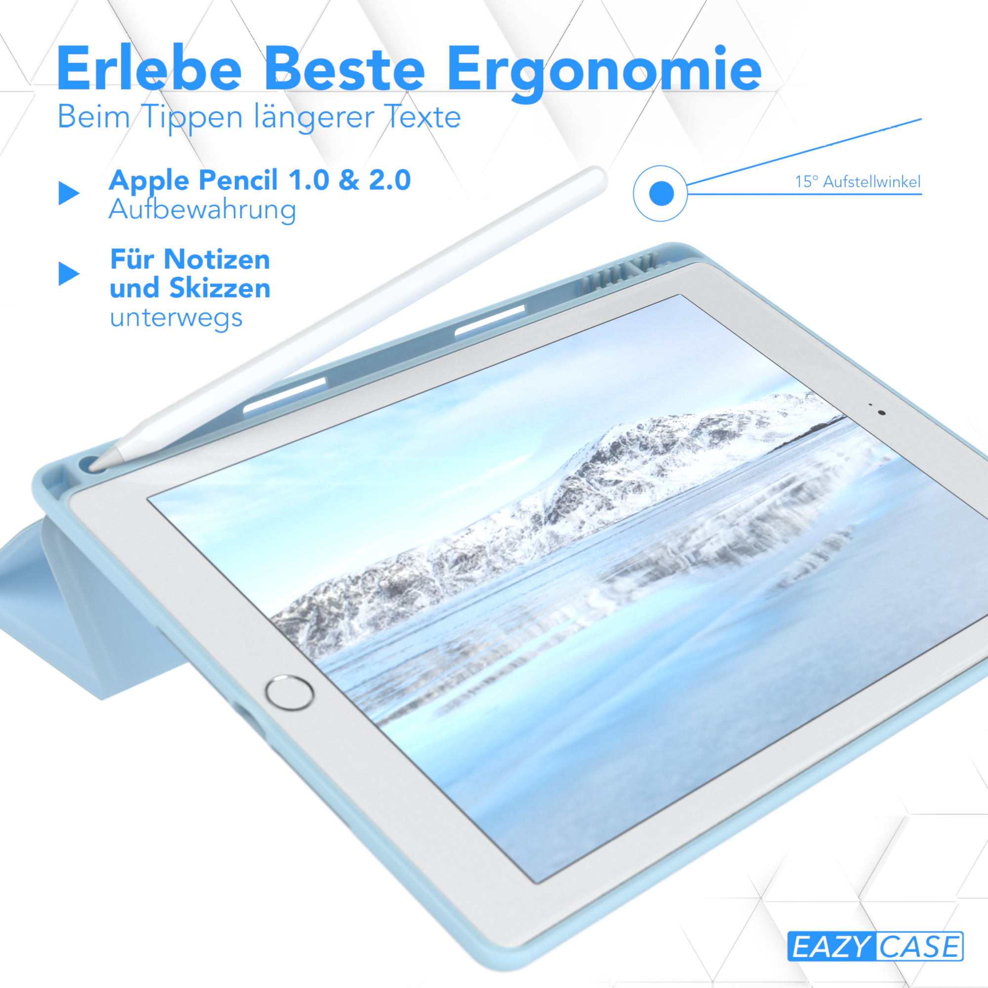Blaues Tablet mit Stift. Weißer Stift. Weißer Hintergrund, blauer Text. Tablet in Hülle.