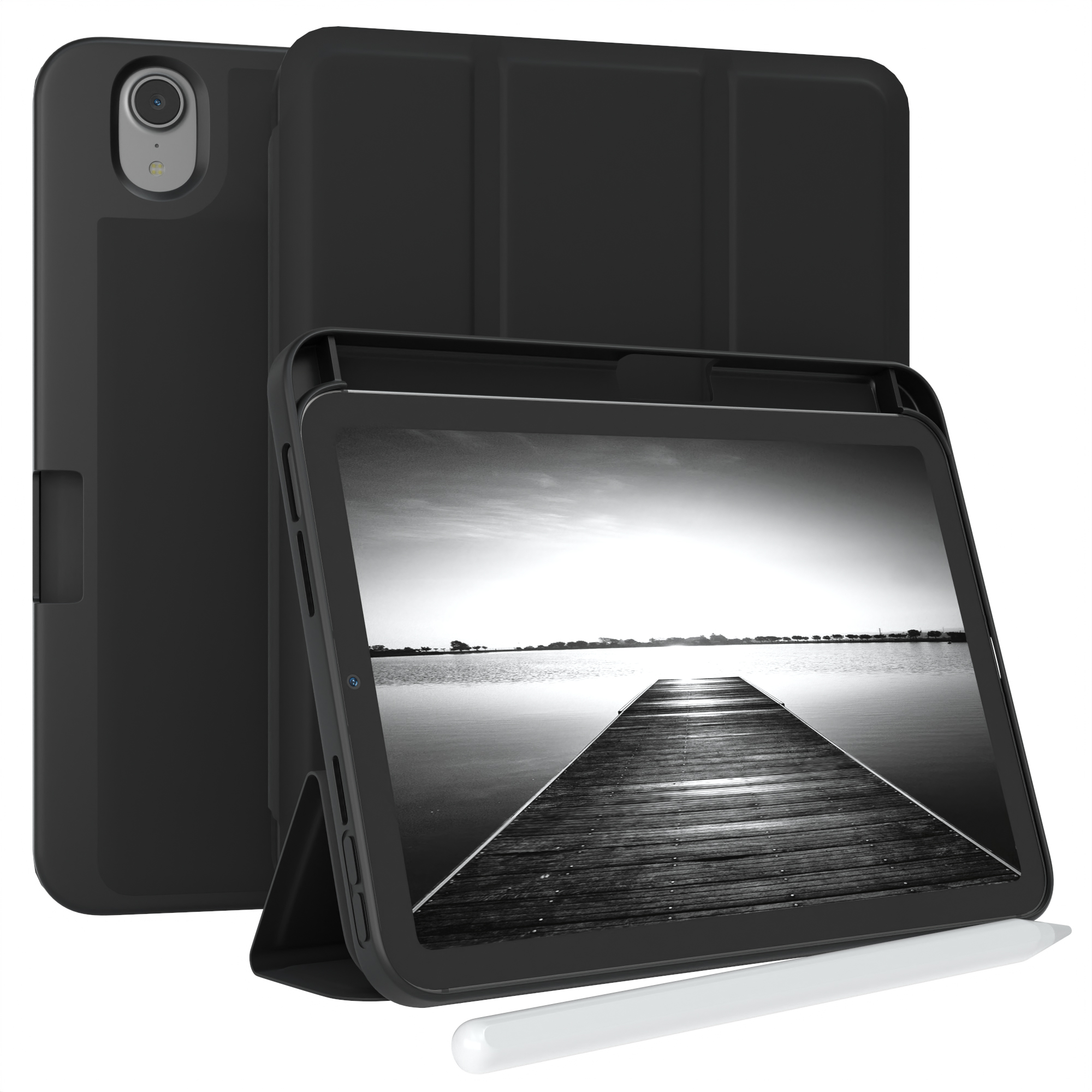 Schwarze Tablethülle, Tablet mit Schwarz-Weiß-Bild von Steg an einem See und einem Stift.