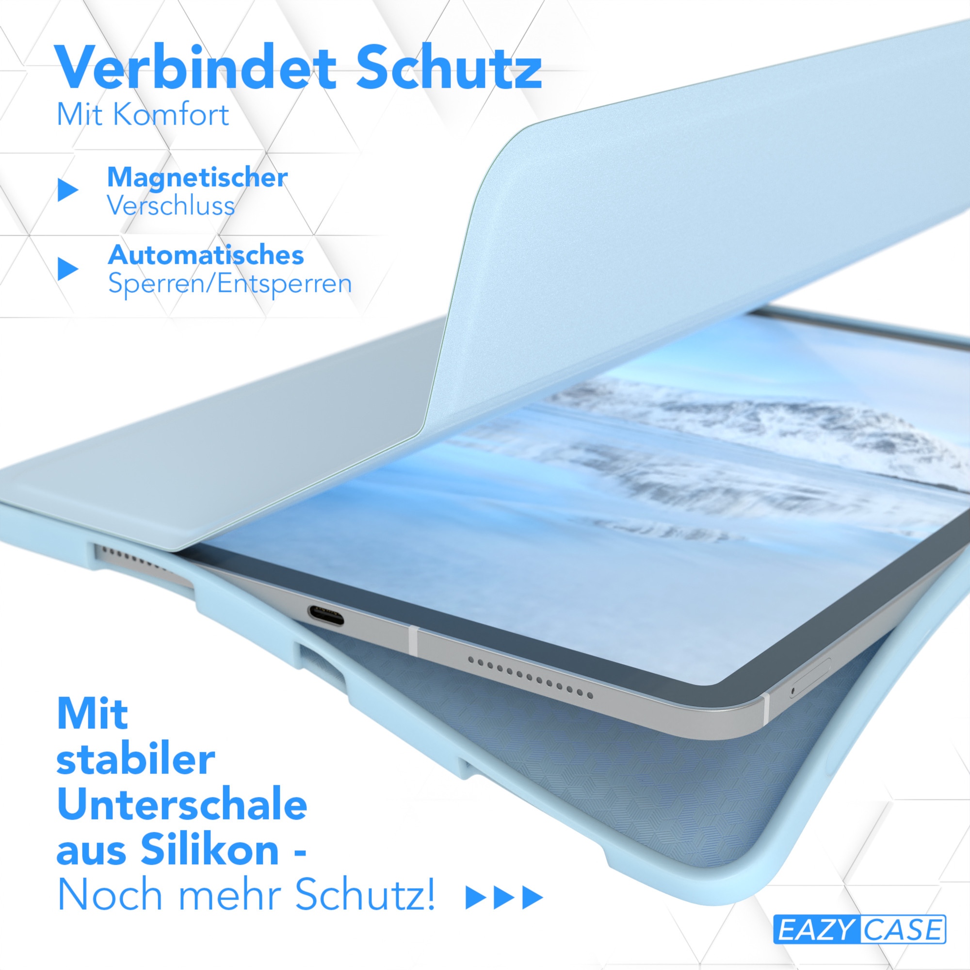 Blaue Tablet-Hülle, geöffnet, zeigt ein Tablet. Zeigt einen Magnetverschluss und eine Silikonbasis.