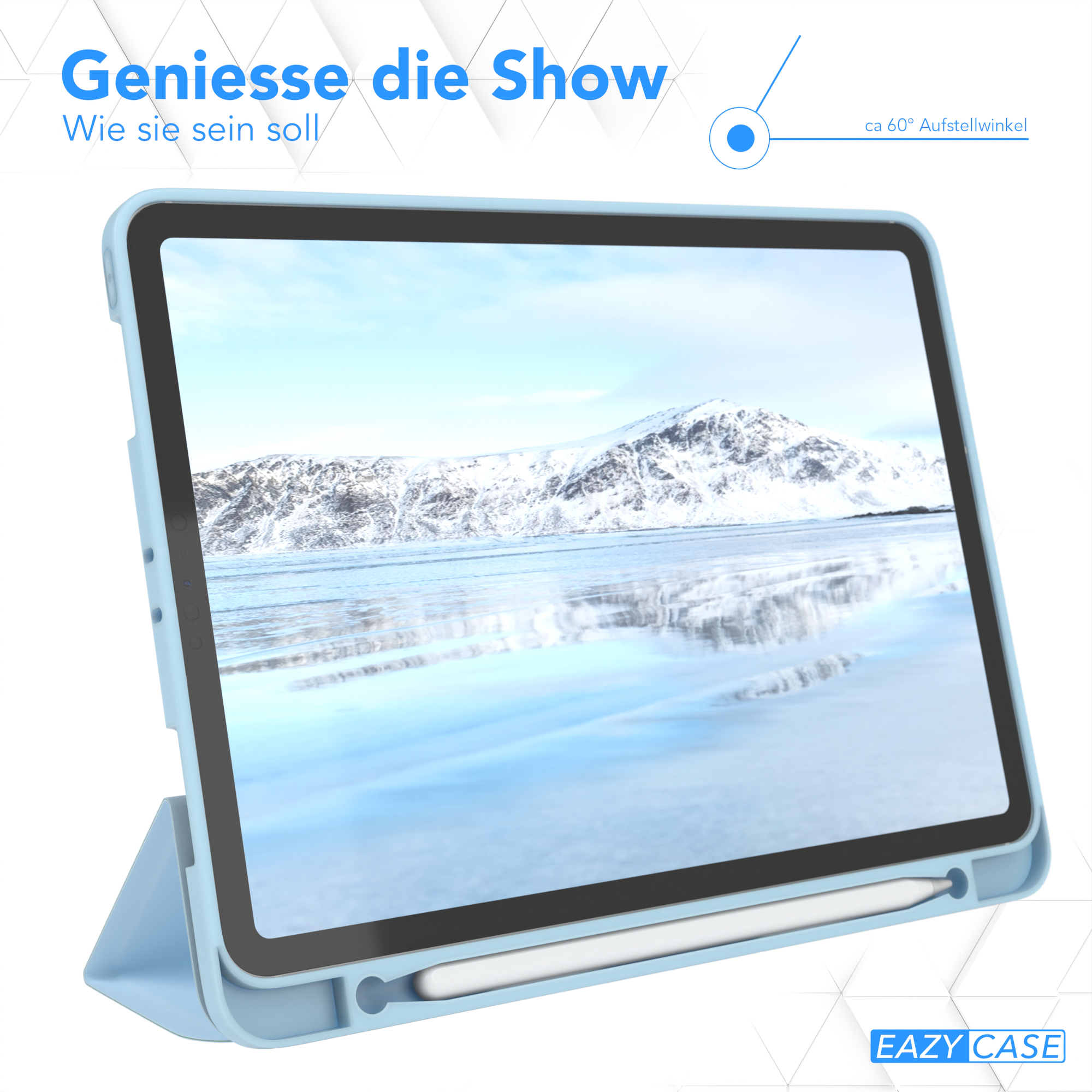 Blaue Tablet-Hülle, Tablet mit Stift. Weißer Hintergrund. Angezeigter Betrachtungswinkel.