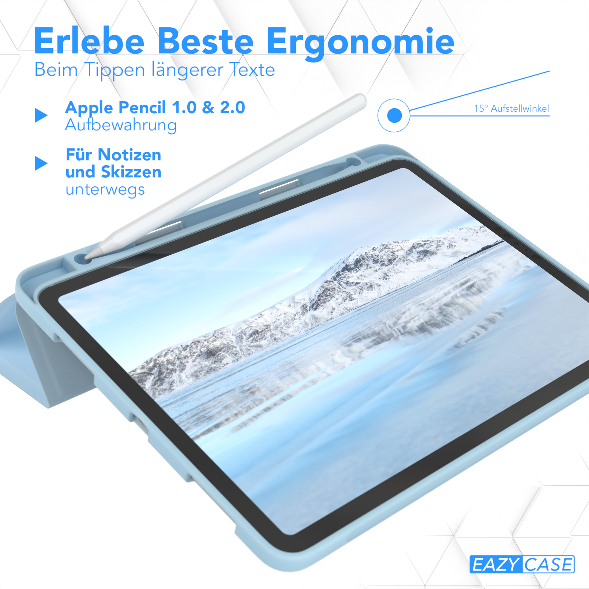 Eine blaue iPad-Hülle mit iPad und Stift. Bild mit Text über Apple Pencil und Notizen.