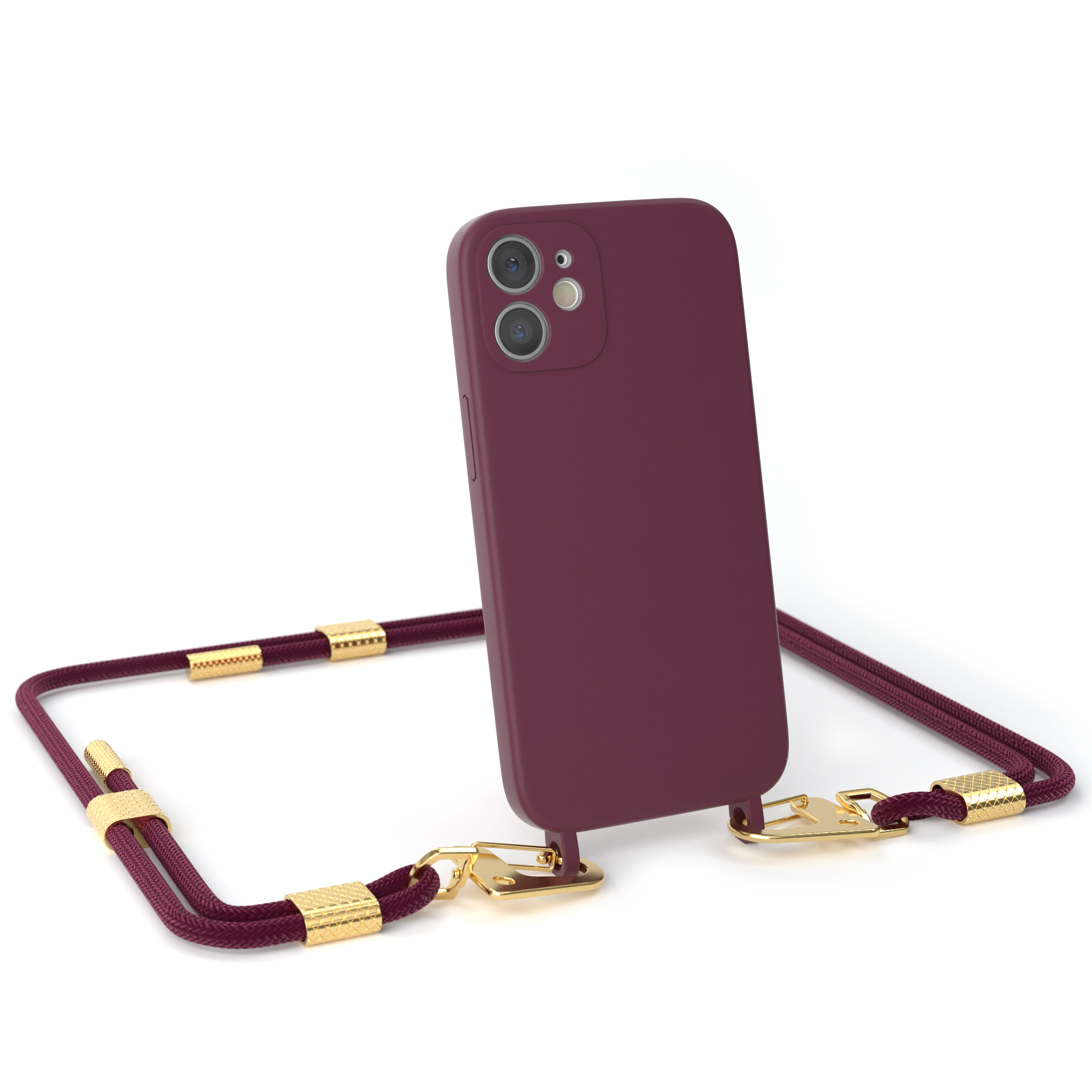 Lila Handyhülle mit Riemen. Telefon mit Kamera. Weißer Hintergrund.