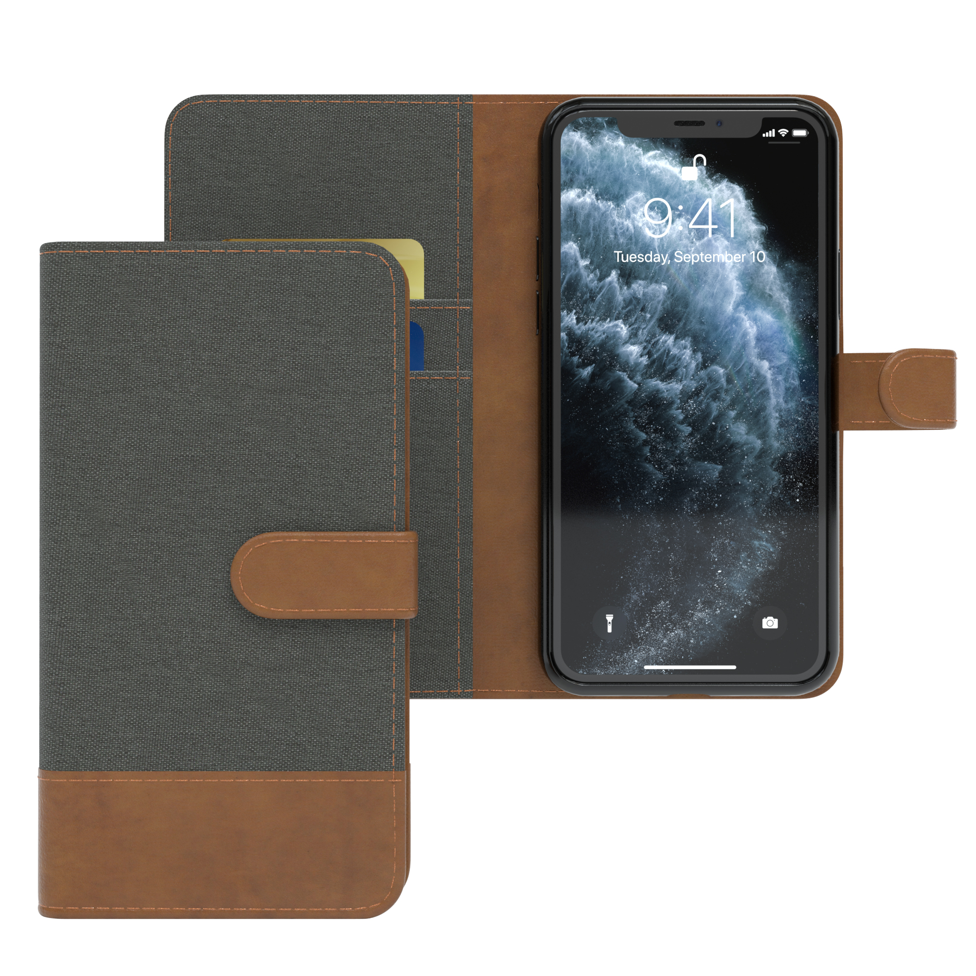 Grau-braune Handy-Brieftaschenhülle mit Telefon. Eine Karte ist ebenfalls sichtbar.