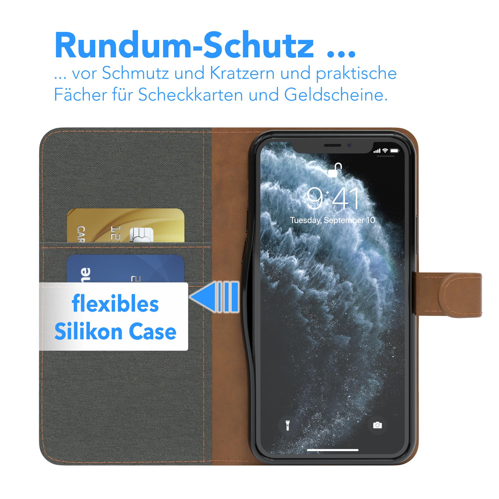 Ein Telefon in einer Hülle mit Kreditkarten. Der Bildschirm zeigt ein blaues Bild.