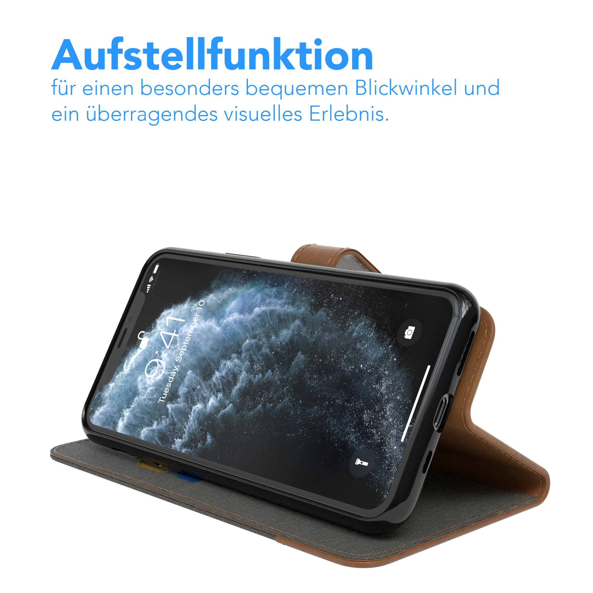 Telefon in brauner Hülle. Text sagt Aufstellfunktion.