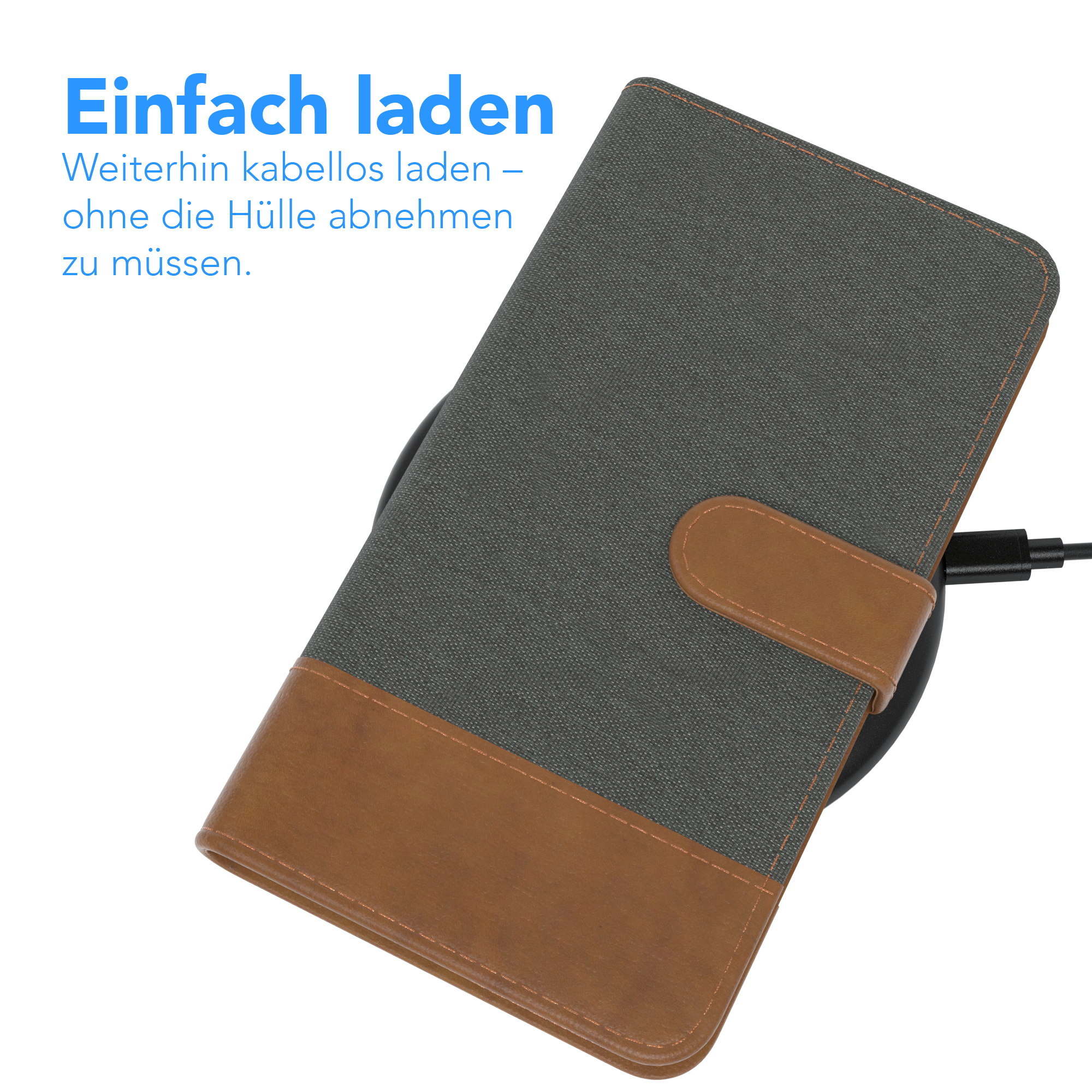 Handyhülle auf einem kabellosen Ladegerät. Die Hülle ist grau und braun.