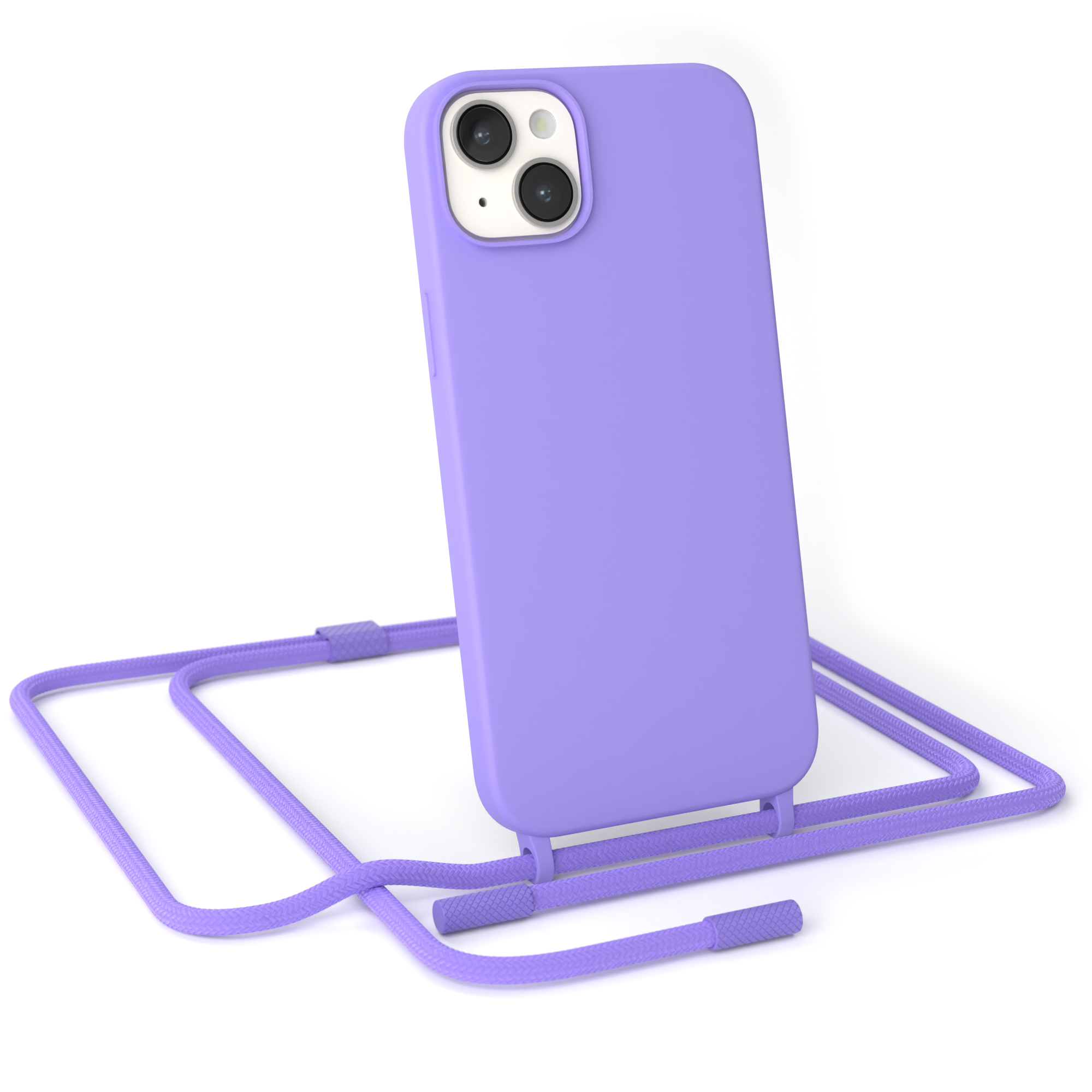 Eine lila Handyhülle mit einem lila Kabel. Das Telefon hat eine Kamera.