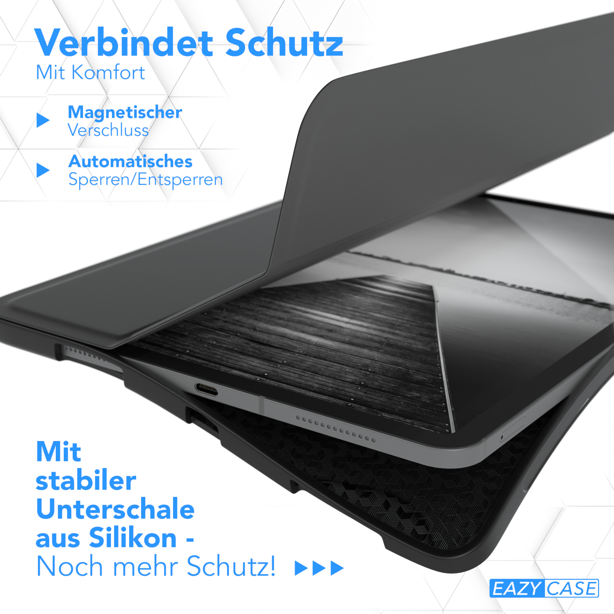 Eine schwarze Tablet-Hülle mit Magnetverschluss und Silikonunterseite, mit deutschem Text.