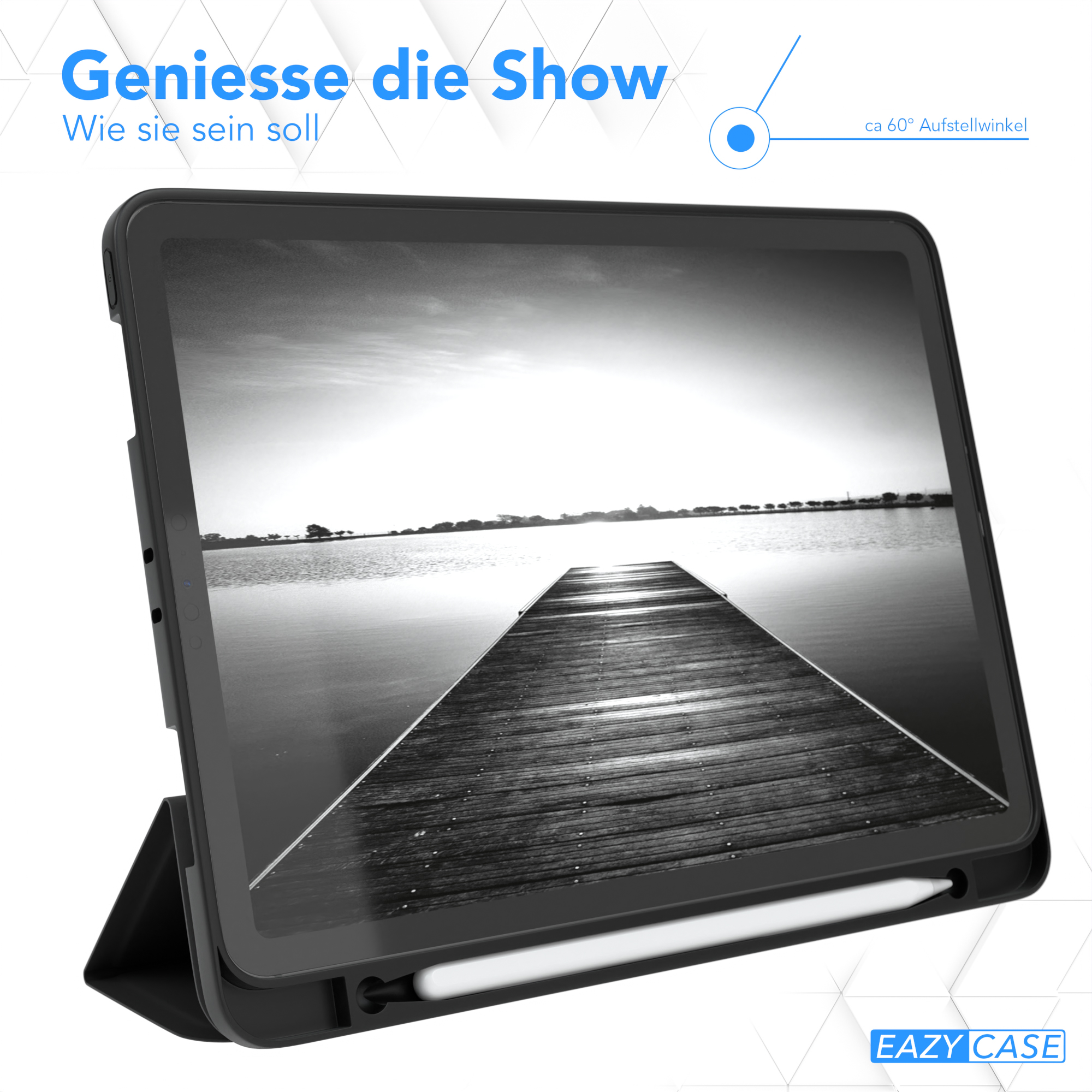 Tablet mit Hülle, das eine Steg-Szene zeigt. Text: 'Genieße die Show'.