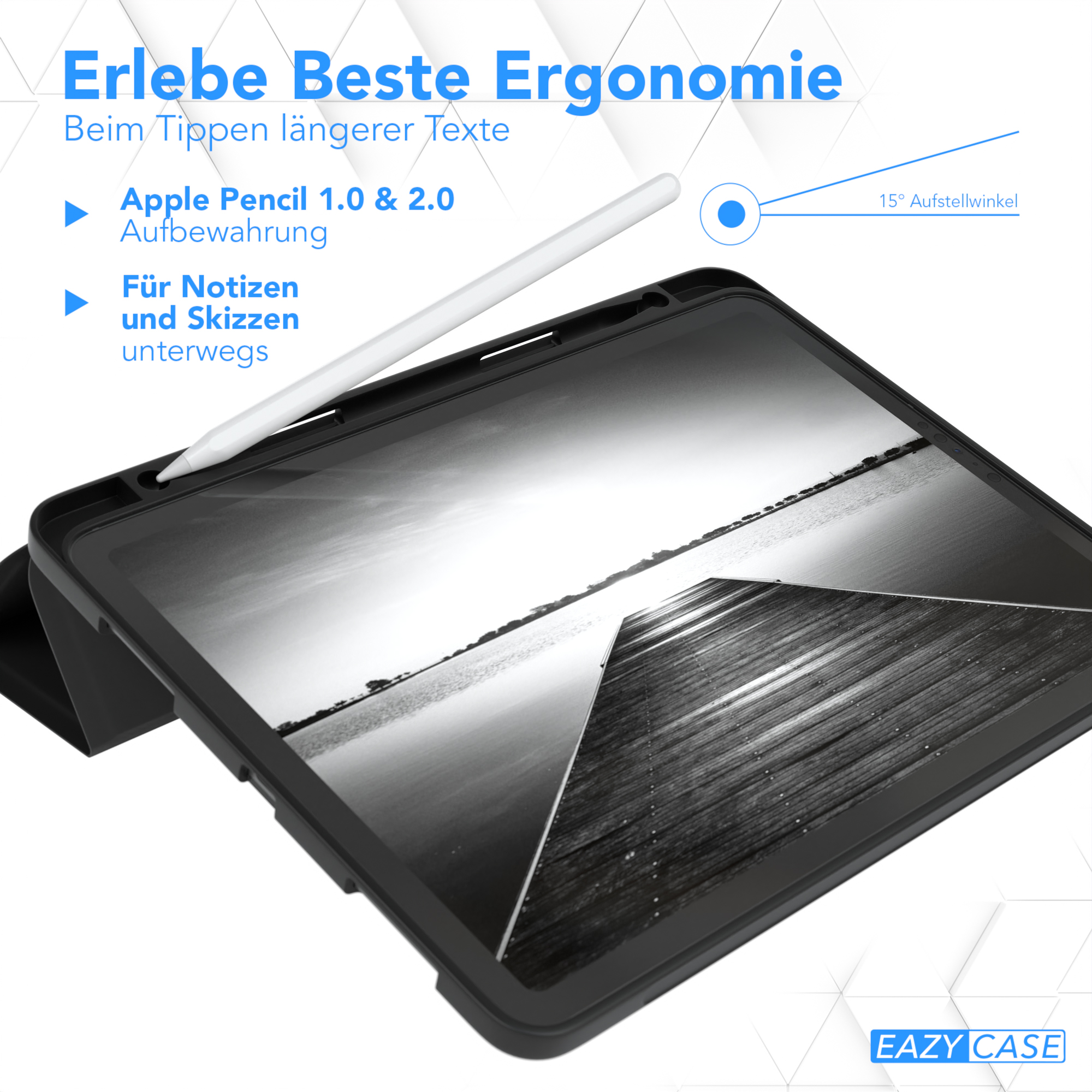 EAZY CASE Smartcase mit / Apple iPad Bookcover Pro 2022 2020 Schwarz / 2018 Tablethülle Kunstleder, / für Stifthalter 2021 11