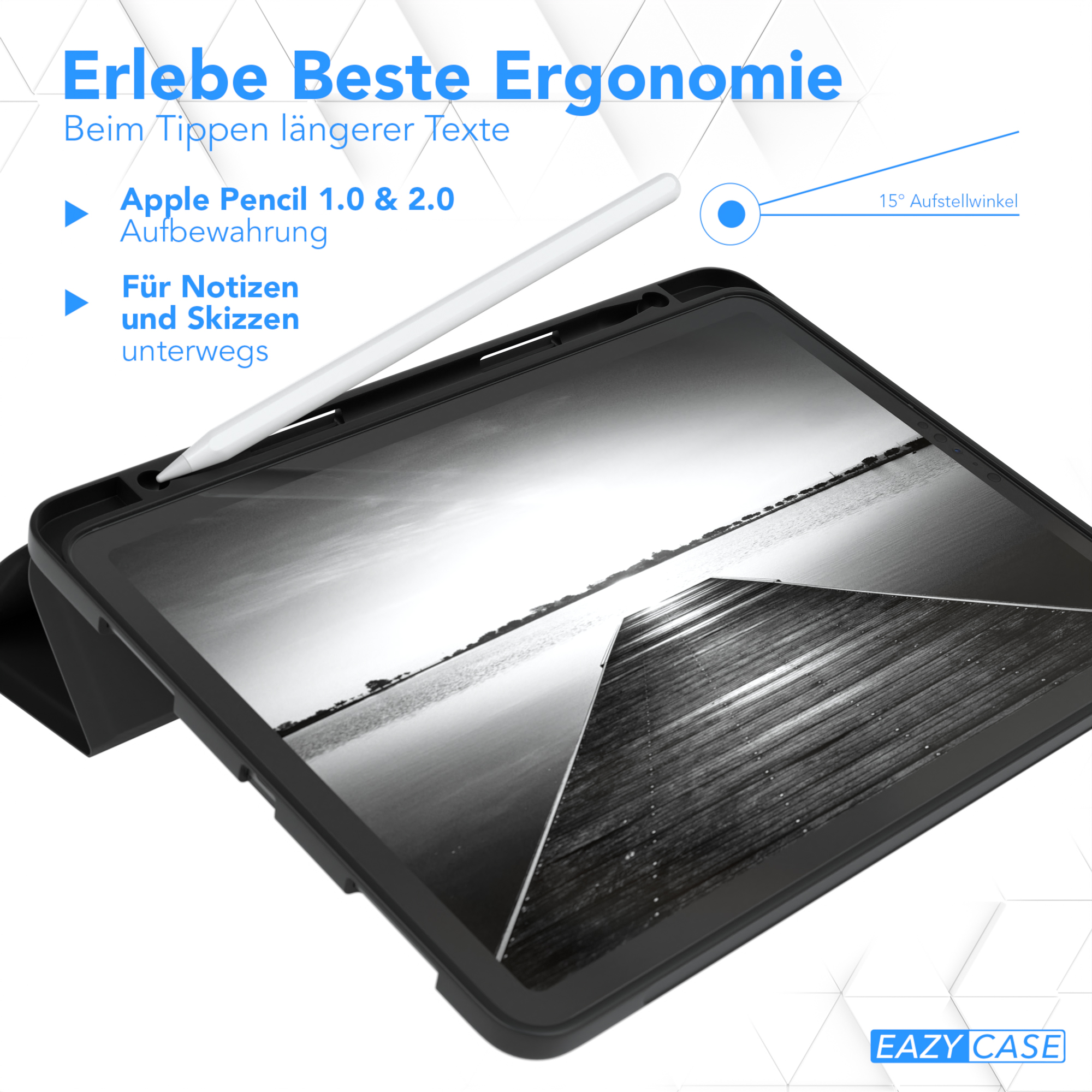 Tablet mit Stift, zeigt den Bildschirm und Text über Ergonomie und Notizen.