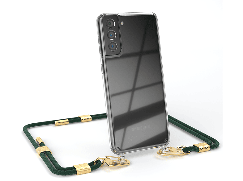 EAZY CASE Transparente Handyhülle mit runder Kordel + Karabiner, Umhängetasche, Samsung, Galaxy S21 Plus 5G, Nachtgrün / Gold