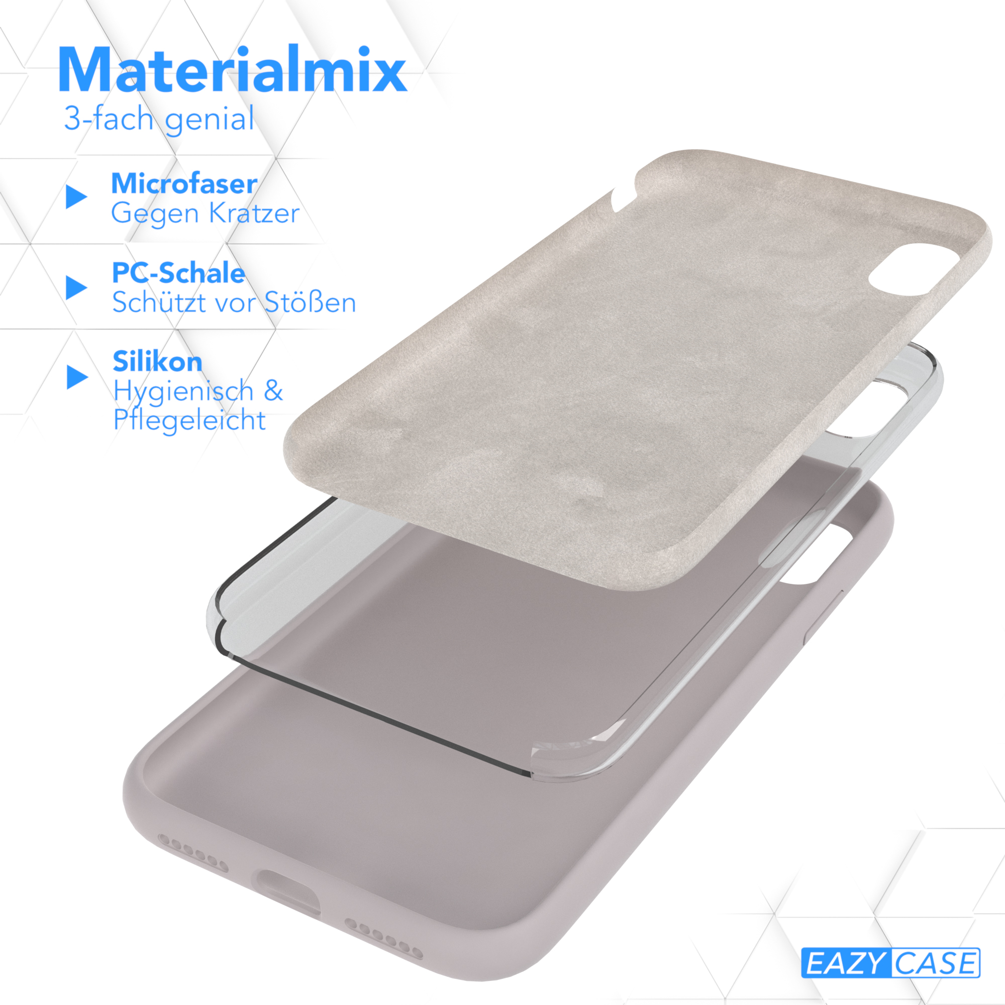 Handyhüllen-Schichten: Mikrofaser, PC-Schale und Silikon. Text auf Deutsch beschreibt Materialien.