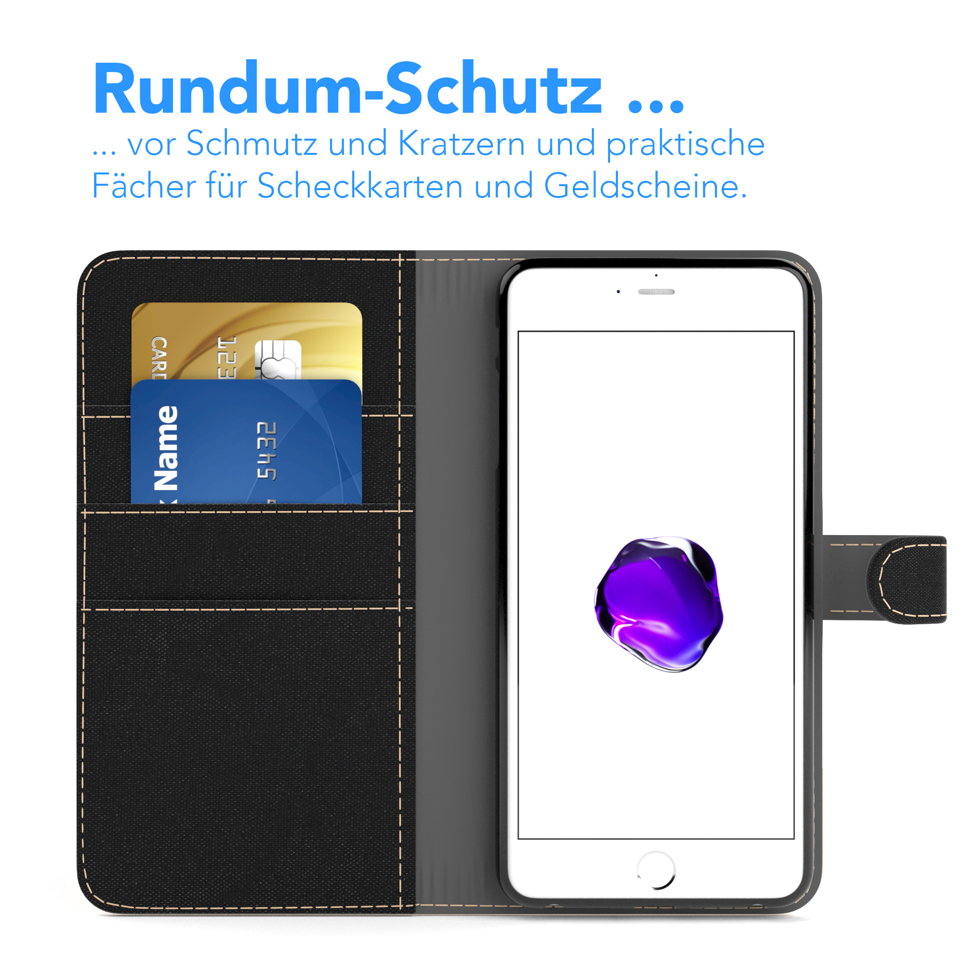 Telefon in Hülle mit Karten. Kartenfächer und Telefondisplay.