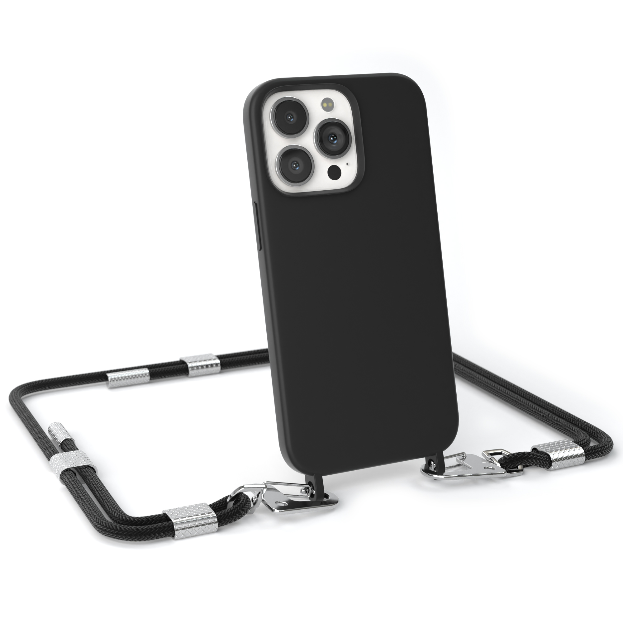 EAZY CASE Runde Handykette Karabiner, mit Umhängetasche, iPhone Schwarz Apple, Pro, 13