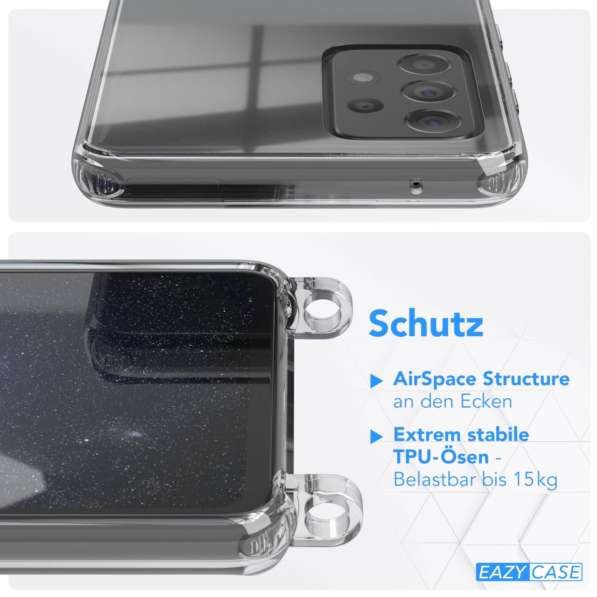Transparente Handyhülle mit Text und Nahaufnahme der Ecke.