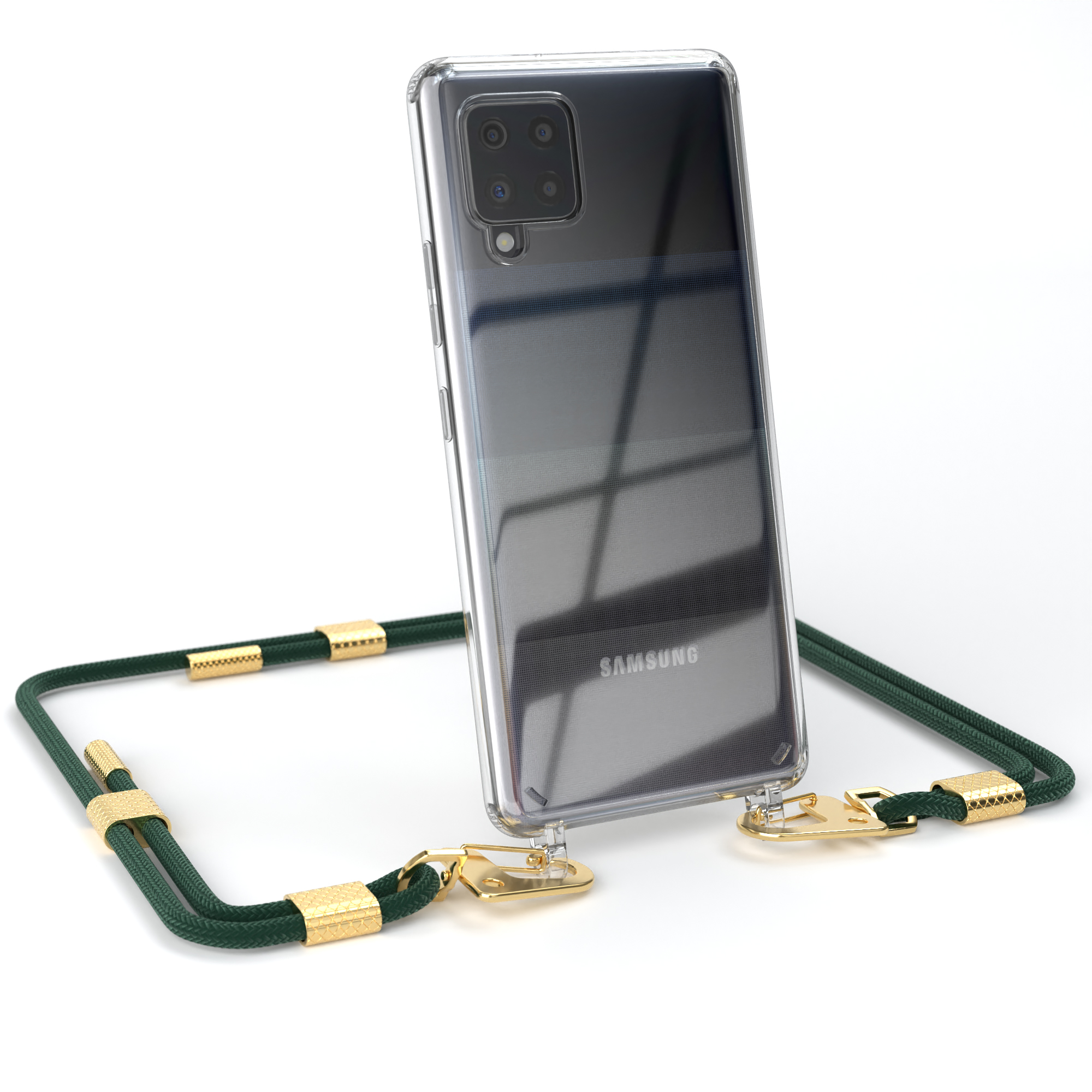 EAZY CASE Transparente Handyhülle mit / Gold Samsung, 5G, Karabiner, Galaxy A42 runder Kordel Umhängetasche, Nachtgrün 