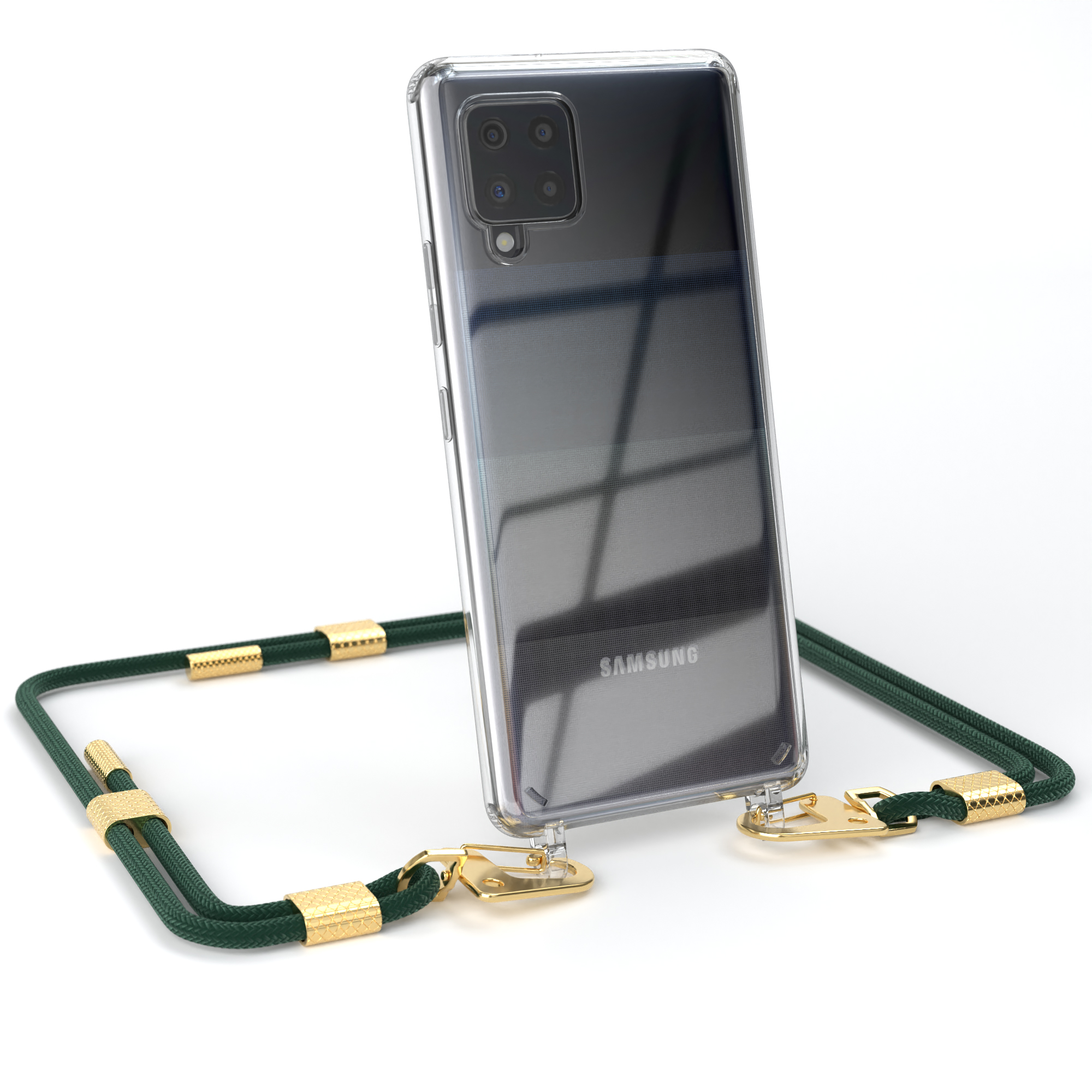 Transparente Handyhülle mit grünem Umhängeband. Telefon mit Samsung-Logo.