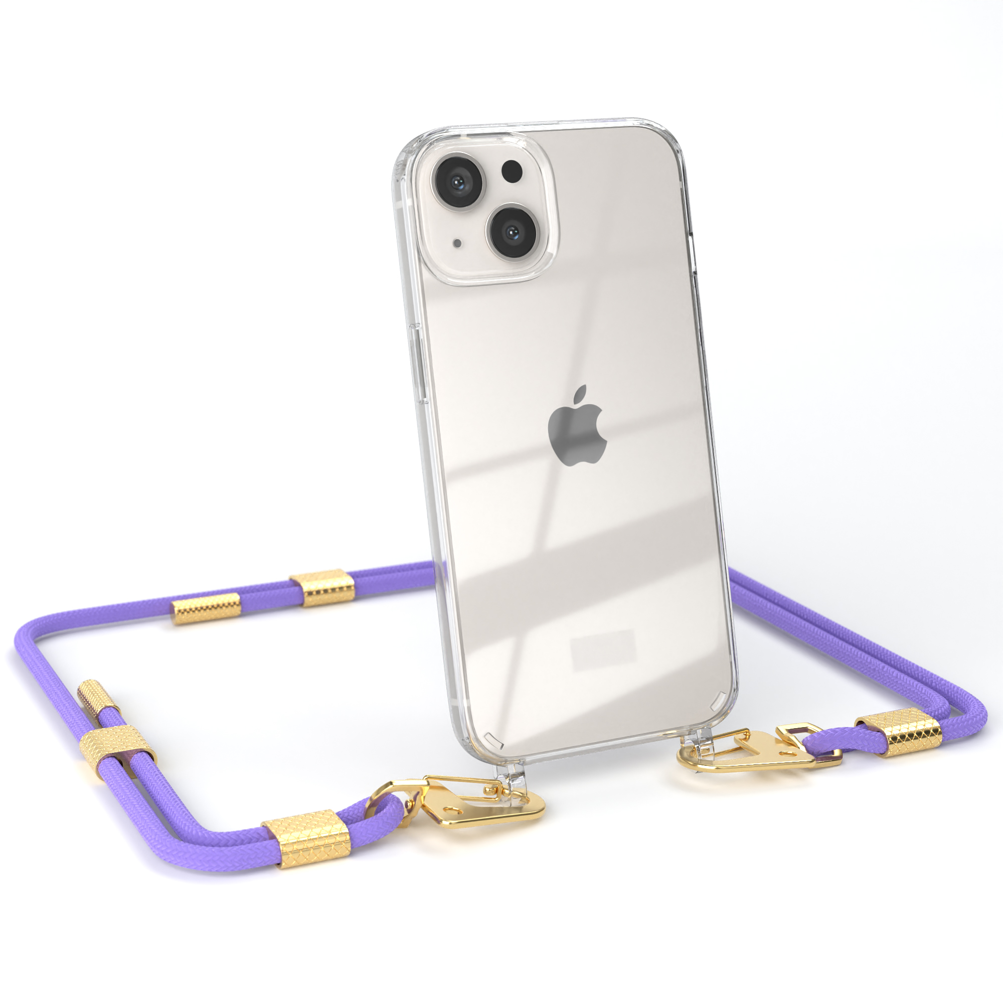 Transparente Handyhülle mit lila Lanyard. Weißer Hintergrund. Das Telefon hat zwei Kameras.
